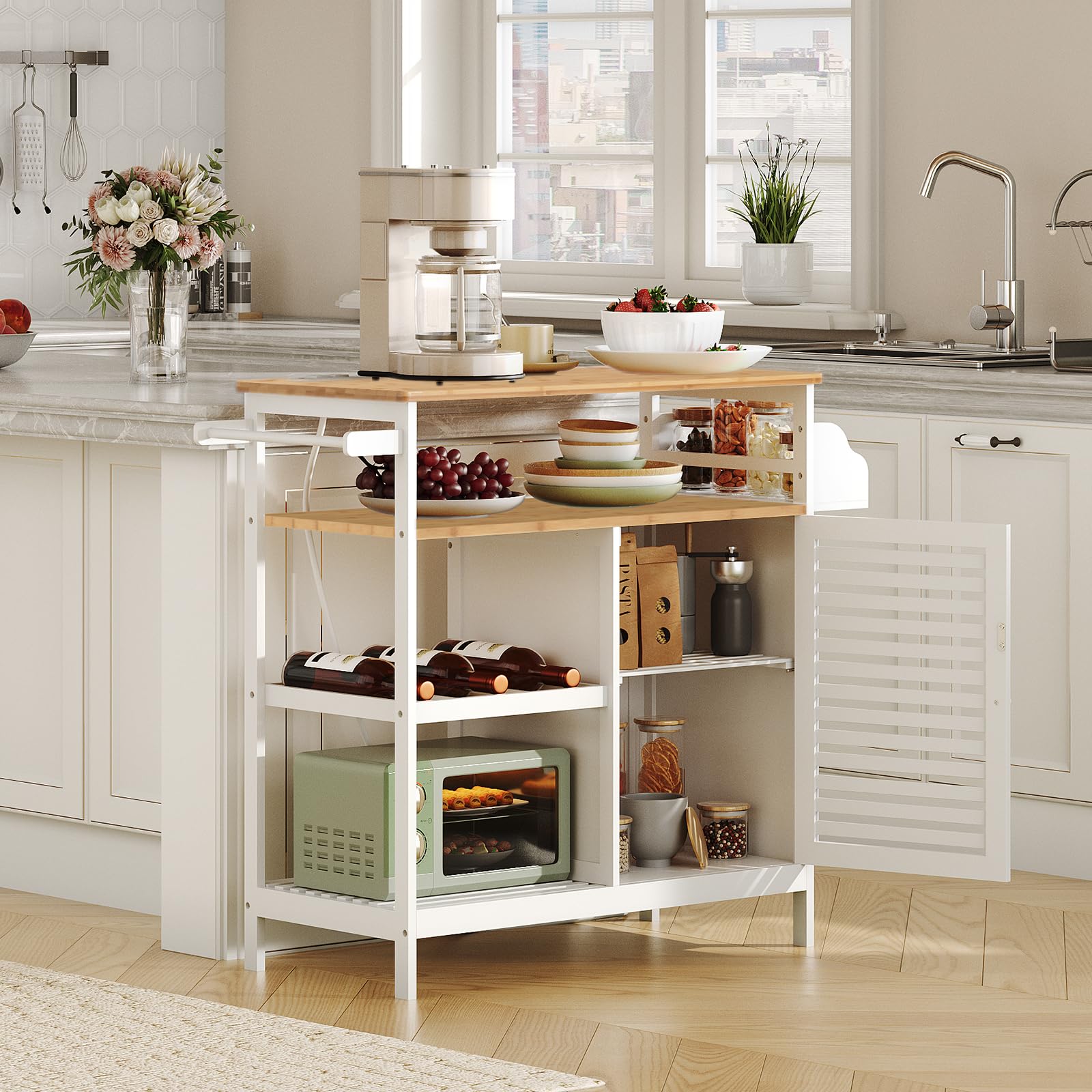 HOOBRO White and Natural Kitchen Island with Storage, Power Outlet, 4-Tier Coffee Station & Microwave Stand - Large Worktop Kitchen Cart for Home, Dining Room | Perfect for Small Spaces, Entertaining & Coffee Bar Setup