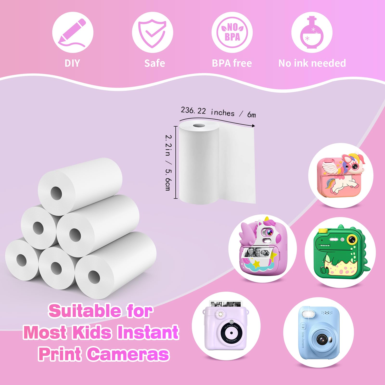 16 Rolls Kids Camera Instant Print Paper - HD Thermal Photo Printer Paper Rolls Compatible with Most Instant Print Cameras for Children (White, 16 Pack) - Perfect for Birthday Parties, Travel Memories & Creative Projects