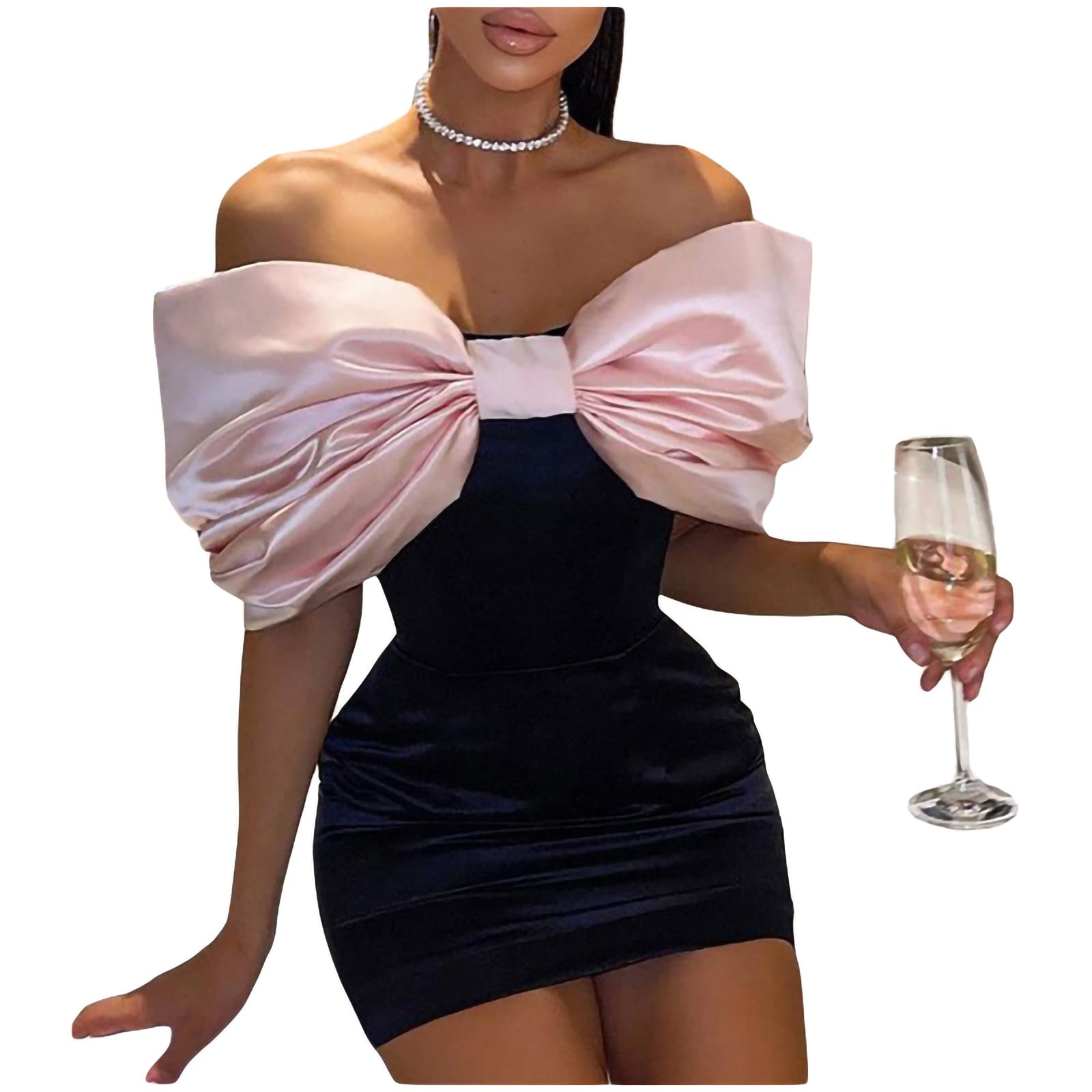 Elegant Women's Off-Shoulder Bodycon Dress with Bowknot - Skinny Ruched Mini Dress for Party, Club, Cocktail, Wedding Guest & Prom Night | Perfect for Date Night, Girls Night Out & Special Occasions