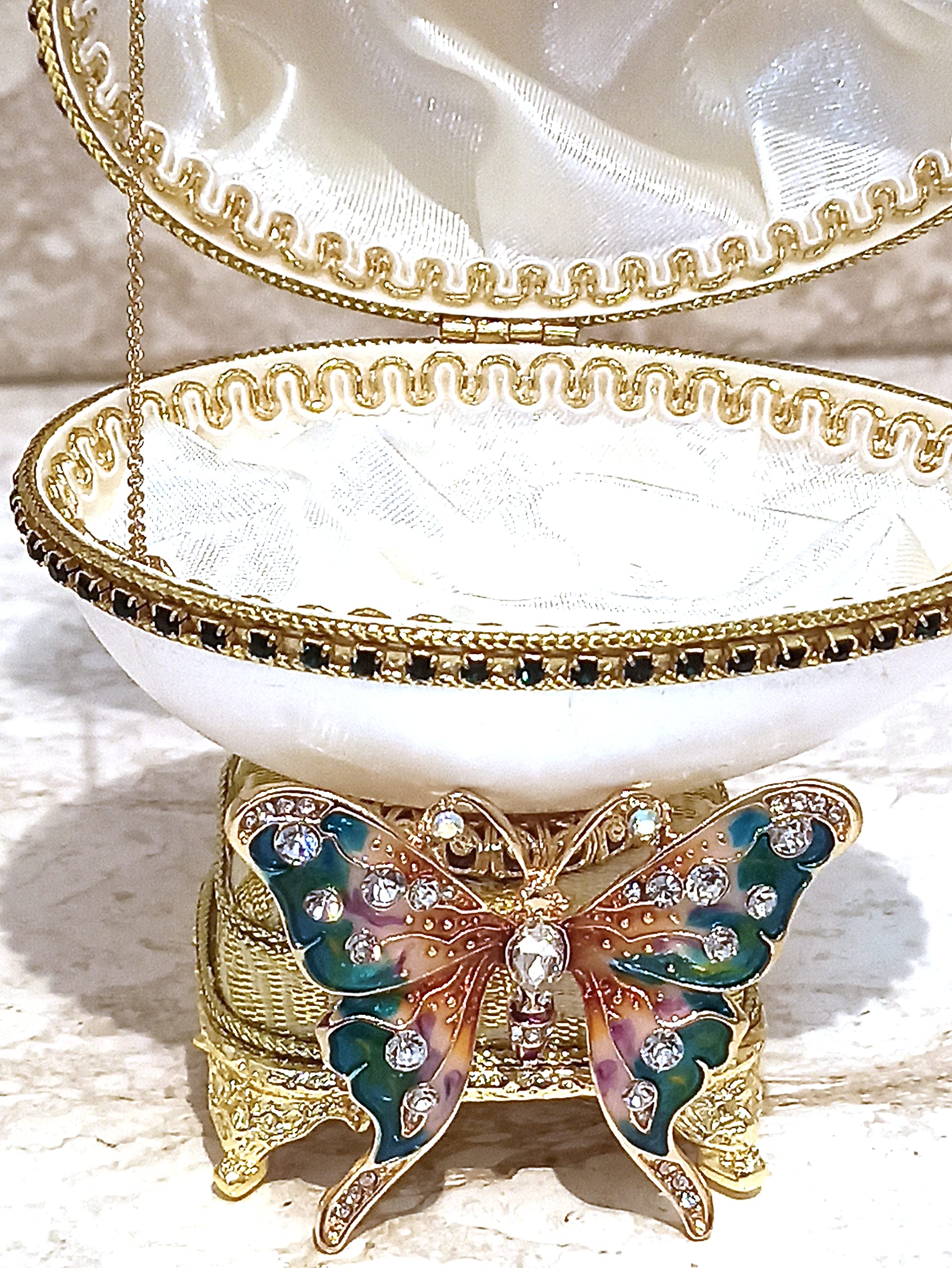 Handcarved Faberge Egg Musical Jewelry Box - Emerald Butterfly Trinket for Women, Unique Birthday & Anniversary Gift for Butterfly Lovers, Designer Collectible with Jeweled Handset | Perfect for Home Decor, Jewelry Storage & Special Occasion Gifting