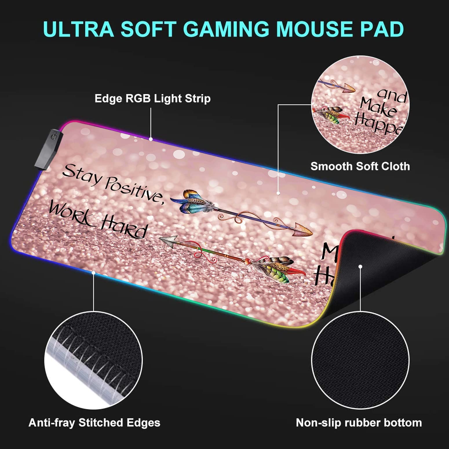 RGB Gaming Mouse Pad - Large LED Light-Up Desk Mat with Non-Slip Base, Pink Motivational Design - Perfect for PC Gaming, Office Work & Streaming Setup (Stay Positive Work Hard Theme)