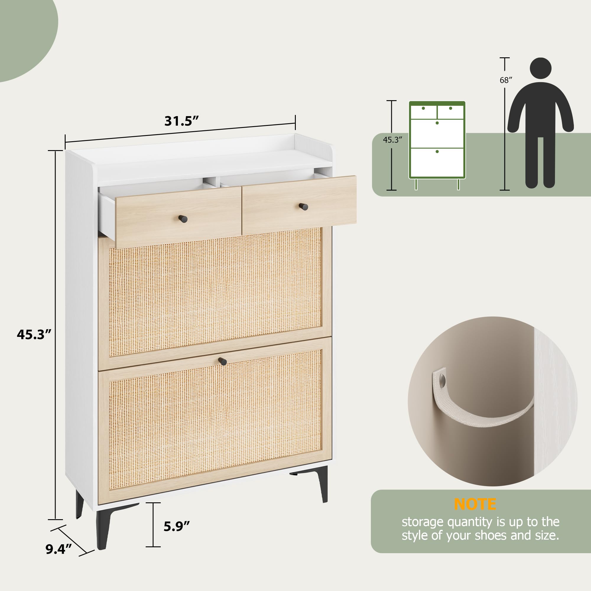 Rattan Shoe Storage Cabinet for Entryway - Narrow Wooden Shoe Organizer with 2 Flip Drawers & 2 Regular Drawers, Freestanding Hidden Shoe Rack with Sturdy Metal Legs in White - Perfect for Small Spaces, Hallway Organization & Apartment Living