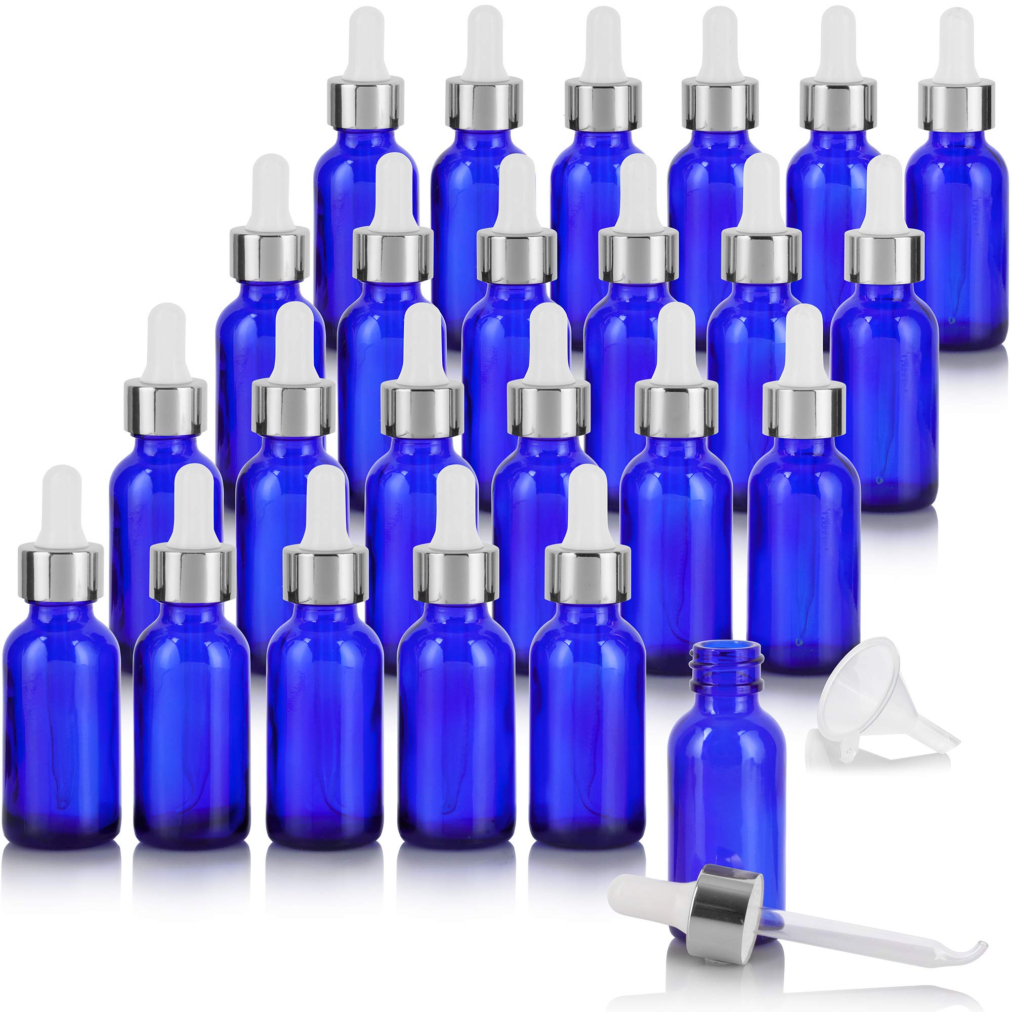 JUVITUS 1 oz Cobalt Blue Glass Boston Round Bottle with Silver Metal Dropper (24 Pack) + Funnel - Essential Oil Bottles, DIY Craft Supplies, Aromatherapy & Herbal Storage - Perfect for Homemade Perfumes, Essential Oils, and DIY Beauty Products