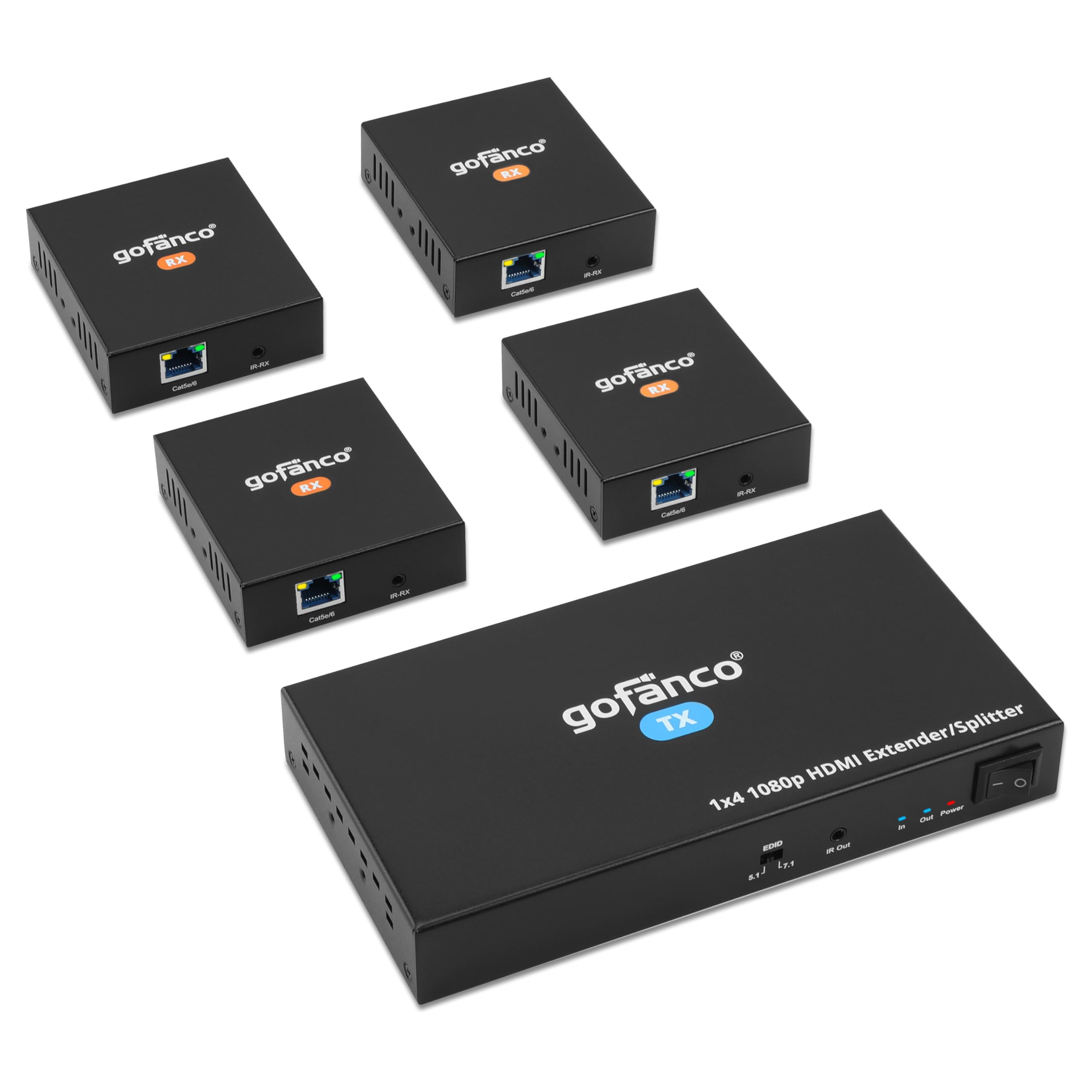 gofanco 1080p 1x4 HDMI Extender Splitter Over CAT5e/6/7 Ethernet Cable - 165ft (50m) Range with Local Loopout, PoC, EDID & IR Extension | Supports 5.1/7.1ch Audio & Wall Mounting | Ideal for Home Theater, Conference Rooms & Multi-Screen Setups (HDExt4P-Pro v2.0)