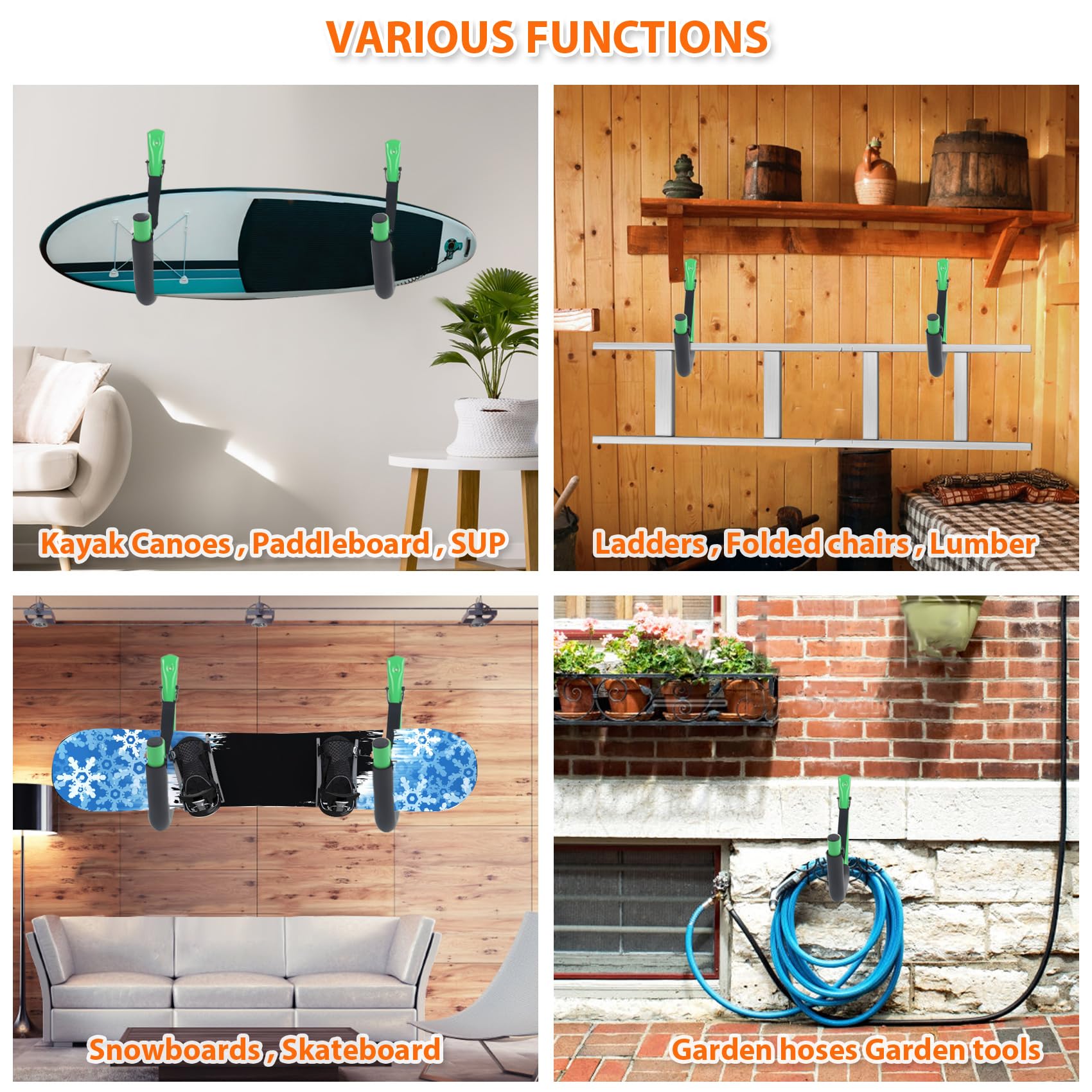 Heavy Duty Kayak Wall Mount Storage Rack with Straps - 100 LB Capacity Kayak Hanger for Garage, Paddle Boards, Surfboards, Bikes, Ladders, SUP & Snowboards - Space Saving Organization for Outdoor Gear (4 Pack) - Perfect for Garage, Shed or Boat House Storage