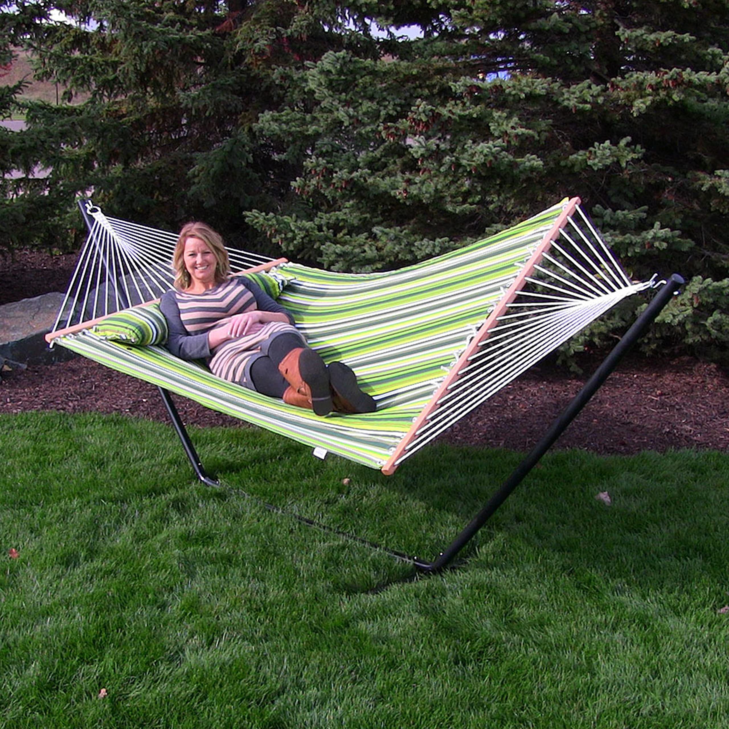 Best 2-Person 350lb Capacity Quilted Double Hammock with 12-Foot Stand - Outdoor Patio, Backyard & Camping Relaxation - Melon Stripe Design