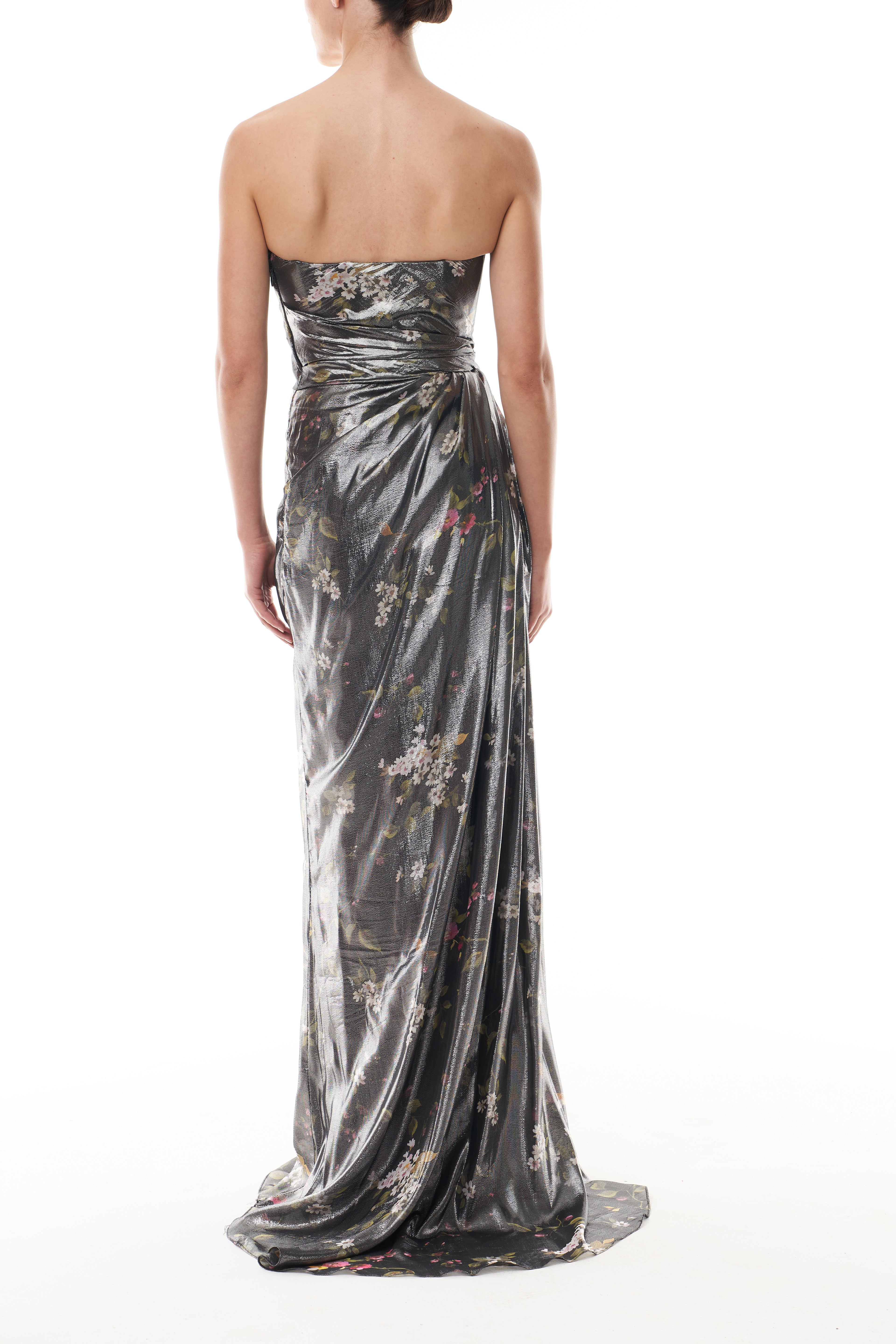 Elegant Metallic Floral Draped Gown for Women - Formal Evening Dress for Prom, Wedding & Special Occasions