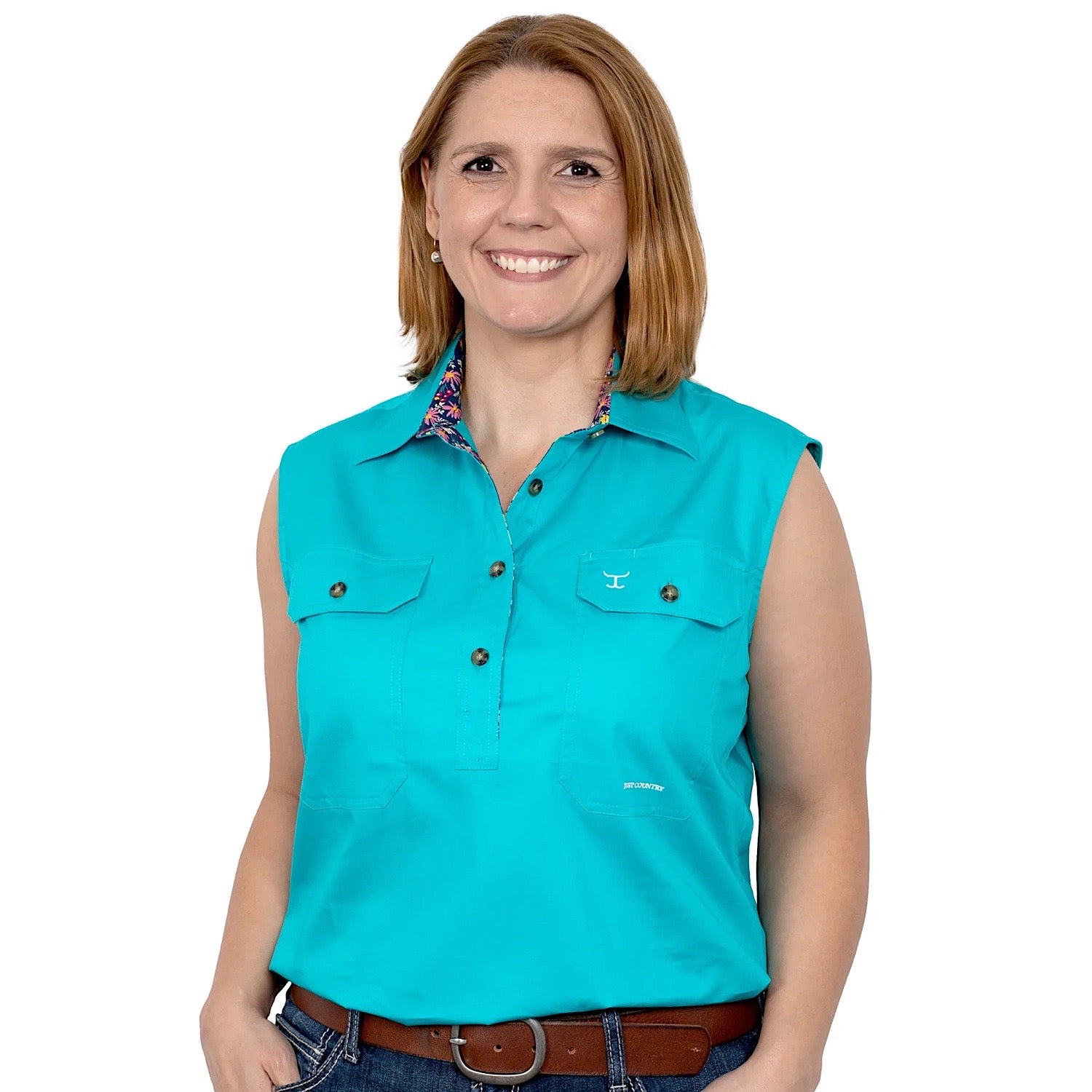 Just Country Women's Kerry Half Button Sleeveless Work Shirt - Turquoise Blue Casual Shirt for Farm, Ranch & Outdoor Activities | Perfect for Summer Workwear & Country Style Fashion