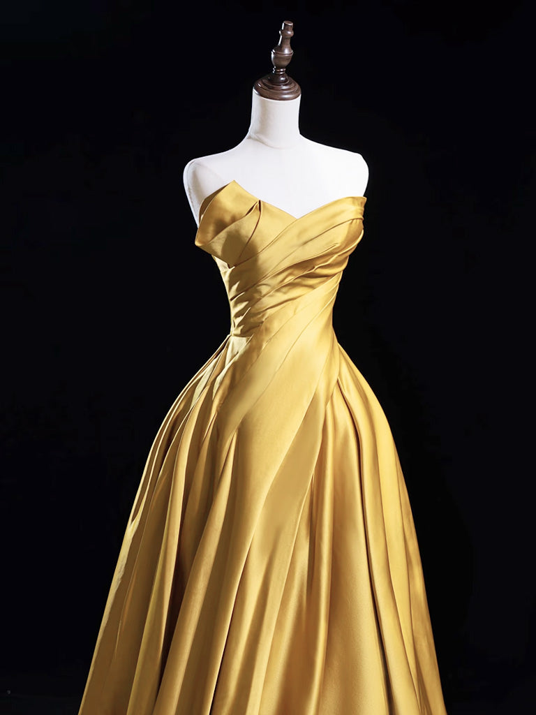 Elegant A-Line V-Neck Satin Gold Long Prom Dress for Women - Formal Evening Gown for Homecoming, Ball, Wedding & Special Occasions