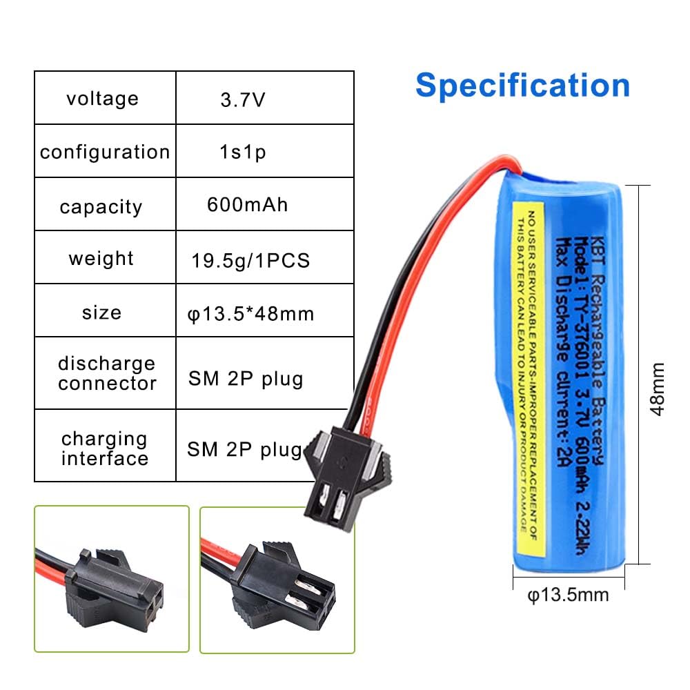 KBT 2 Pack 3.7V 600mAh Li-ion Rechargeable Battery with SM-2P Plug & Charger Cable - Compatible with RC Cars, Trucks, Boats, Stunt Cars - Perfect for Hobbyists and Remote Control Enthusiasts