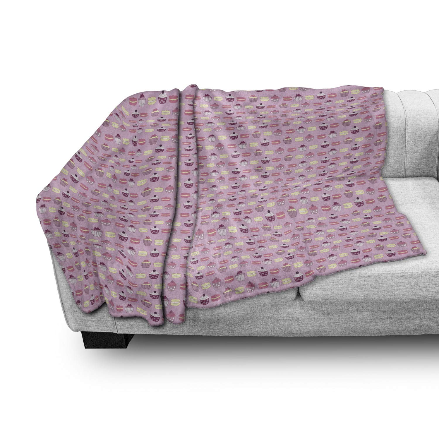 Ambesonne Cupcakes Flannel Fleece Throw Blanket - Soft Pastry Design with Muffins & Macaroon Cookies, 60x80 Inch Pink Multicolor Cozy Blanket for Couch, Bed & Sofa - Perfect for Living Room, Dorm & Gift Giving