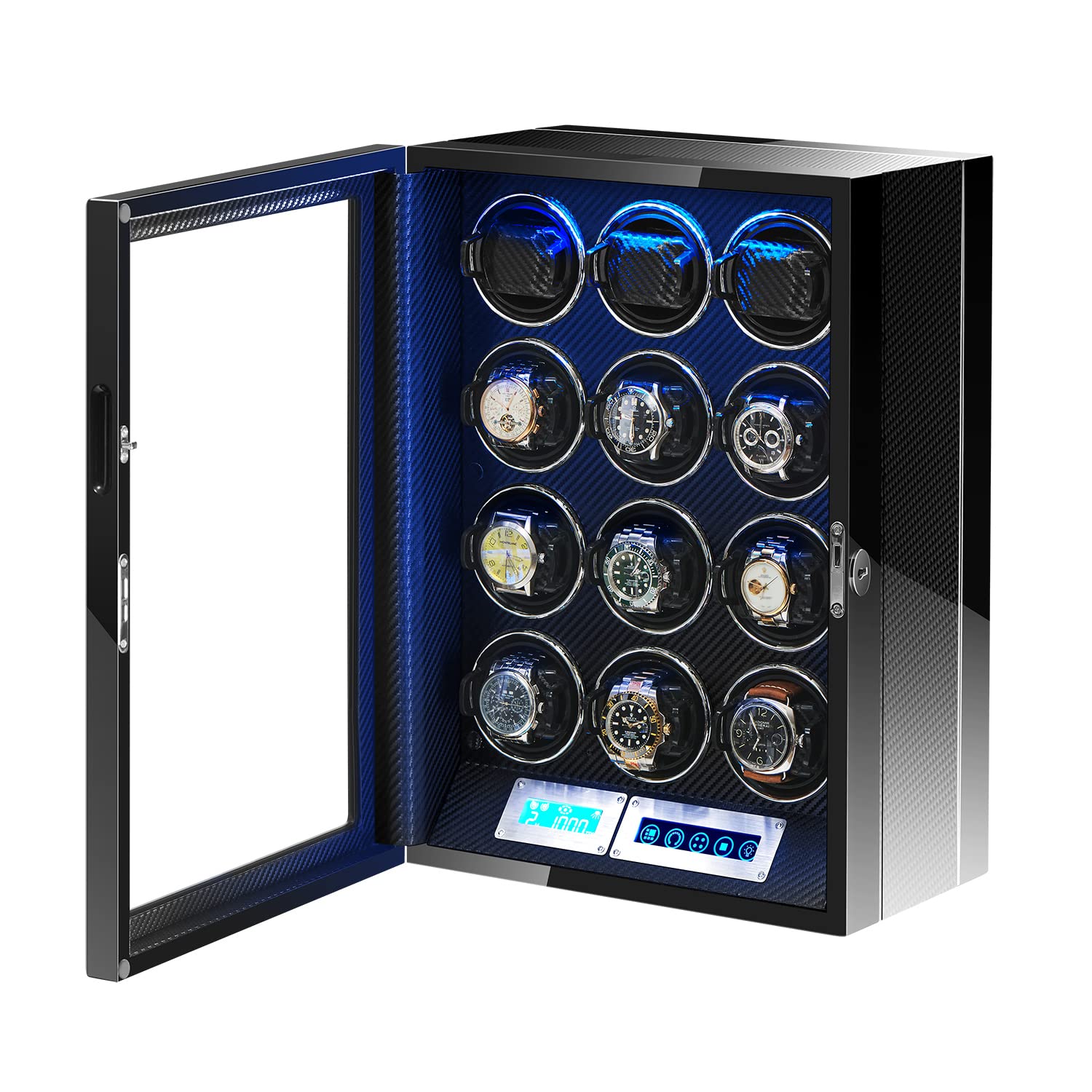 6/12 Slot Automatic Watch Winder with Fingerprint Unlock - Ultra Quiet Japanese Motor, LED Light & LCD Touchscreen - Perfect for Rolex, Omega Luxury Watch Collection & Nightstand Storage