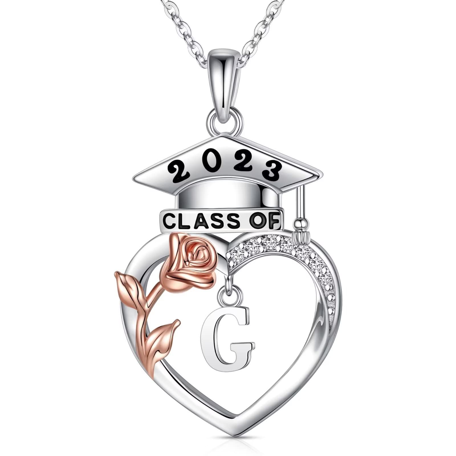 2023 Graduation Necklace for Her - 925 Sterling Silver Rose Heart Initial Pendant Jewelry | High School & College Graduation Gifts for Daughter, Women & Teen Girls | Class of 2023 Keepsake | Perfect for Graduation Ceremony, Party & Photo Sessions