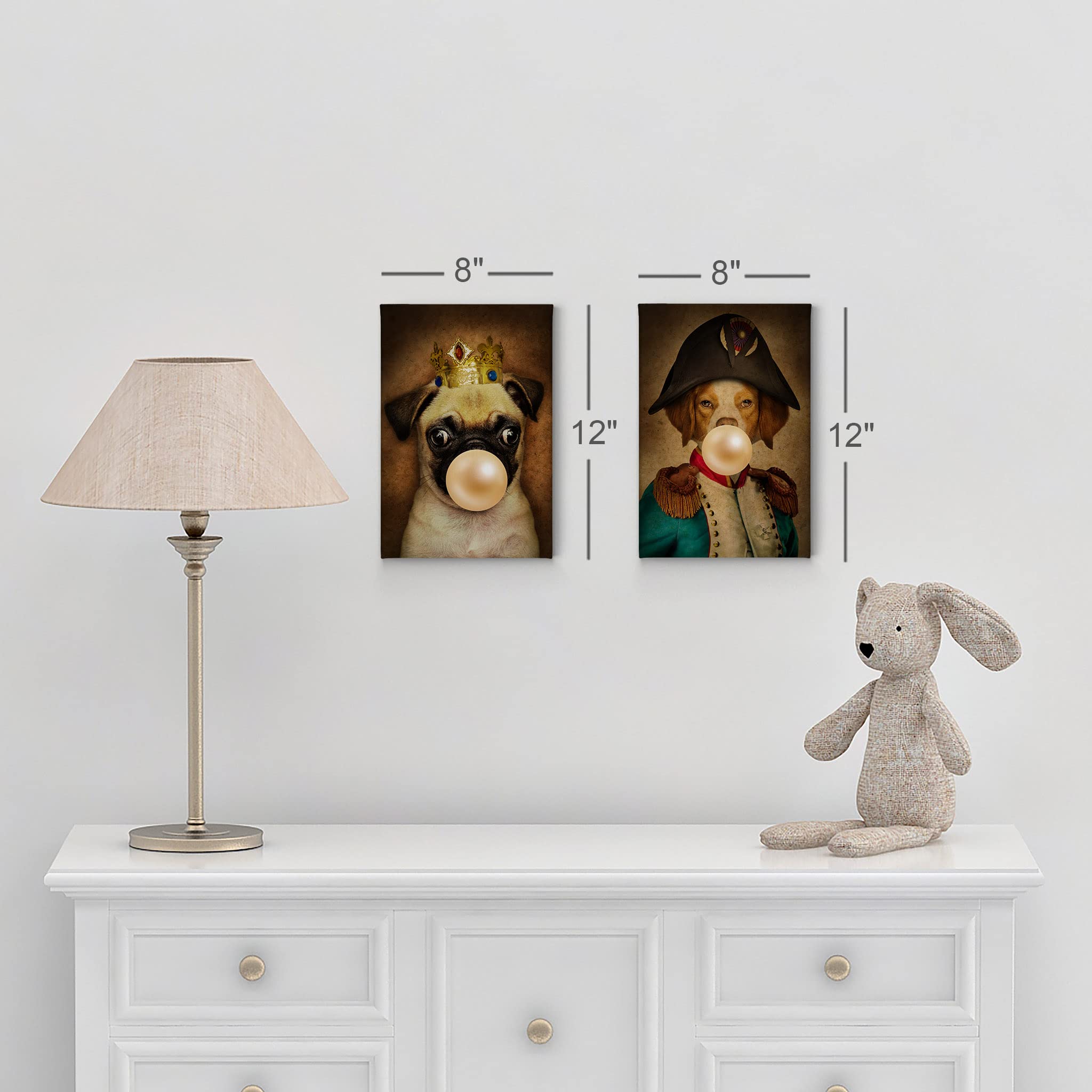 King Pug & Epagneul Breton Dog Portrait Canvas Art Set - Crowned Pug & Bubble Gum Chewing Dog Wall Decor (17x11 Inch) for Living Room, Bedroom & Nursery - Funny Animal Paintings for Pet Lovers