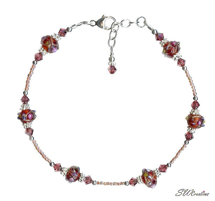 Ruby Pink Crystal Bali Beaded Anklet - Handmade Bohemian Ankle Bracelet for Women - Perfect for Beach, Festival & Summer Outfits