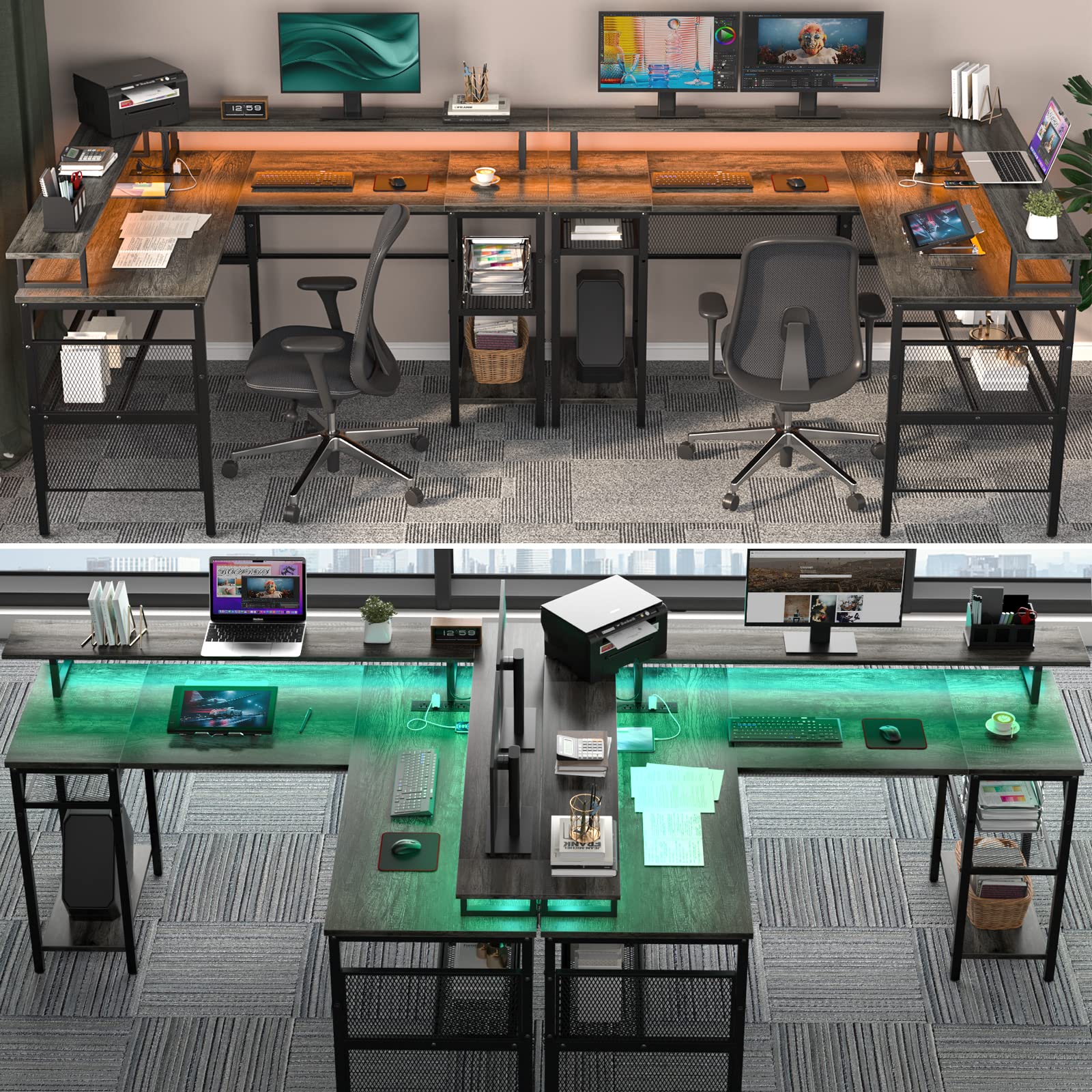 L-Shaped Computer Desk with Power Outlet & LED Strip - Reversible Corner Gaming Desk with Monitor Stand & Storage Shelf | Ergonomic 2-Person Home Office Workstation in Black Oak | Perfect for Small Spaces, Gaming Setups & Shared Workspaces