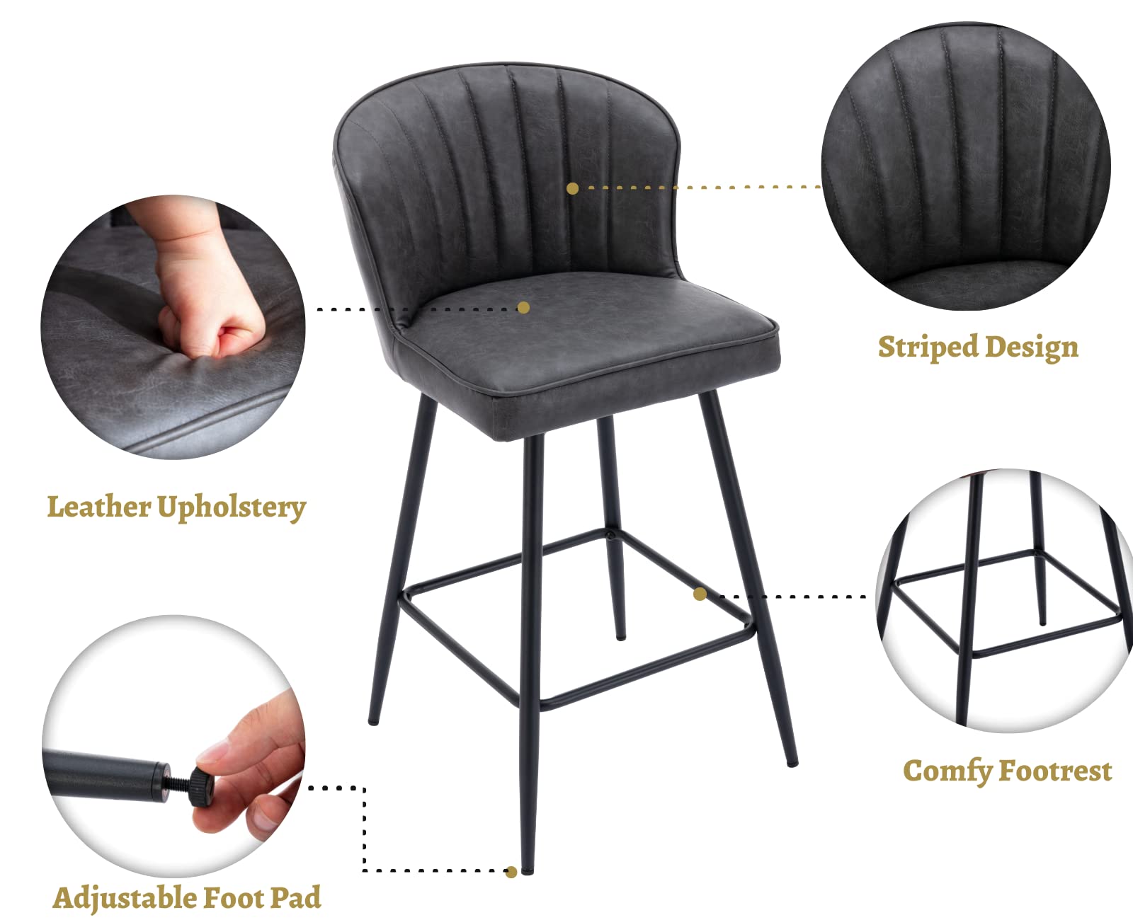 EALSON 26 Inch Counter Height Bar Stools Set of 4 - Modern Leather Bar Chairs with Backrest & Metal Footrest - Upholstered Kitchen Island Stools for Home Bar, Dining Room & Breakfast Nook - Grey - Perfect for Entertaining, Casual Dining & Kitchen Counter Seating