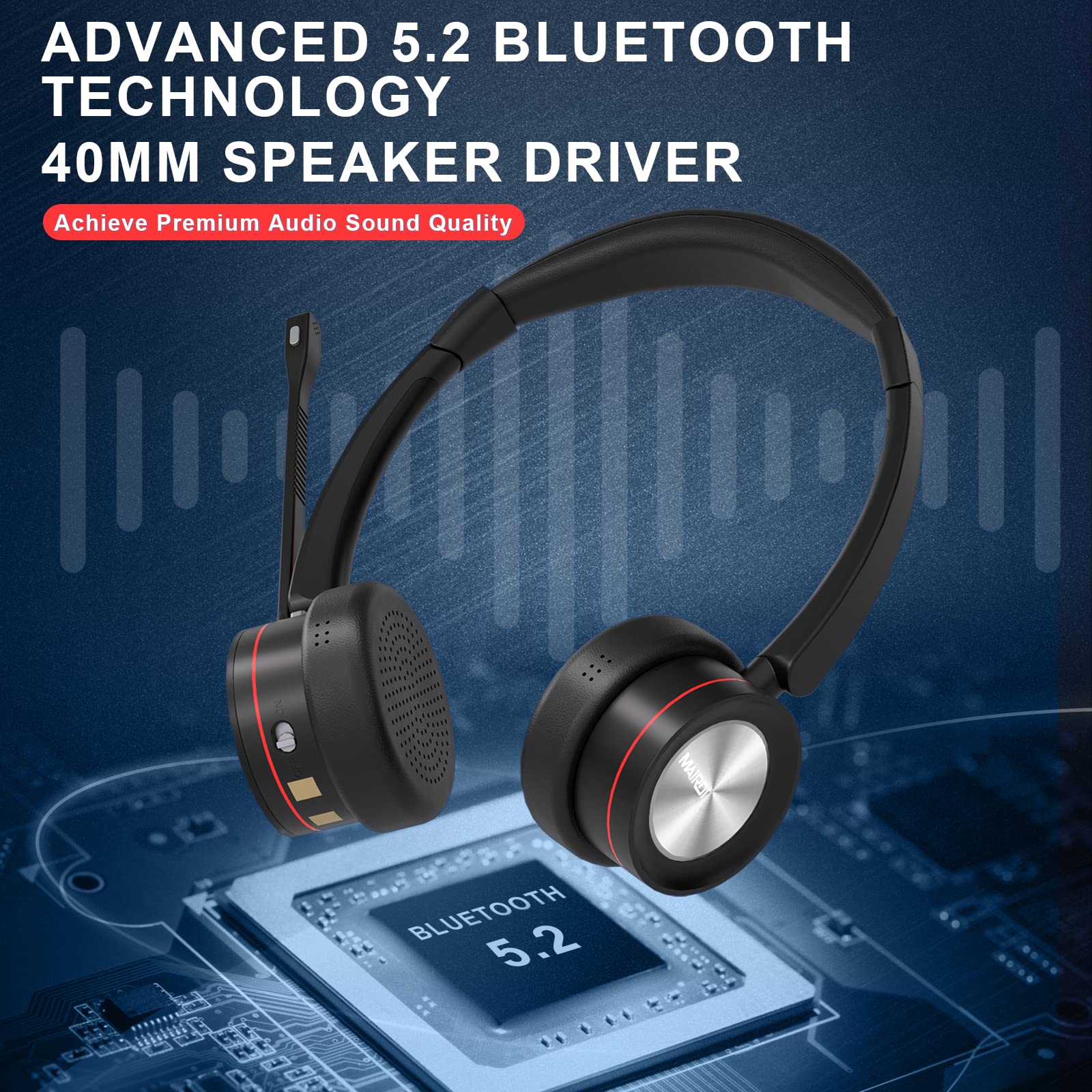 MAIRDI Wireless Bluetooth 5.2 Headset with Noise Canceling Microphone for PC - 40H Playtime, Compatible with Teams, Skype, Zoom, Jabber - Ideal for Truck Drivers, Office Work & Call Centers