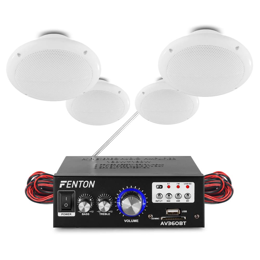 Wireless Bluetooth Ceiling Speaker System with Built-in Amplifier, FM Radio & USB MP3 Player - 4 Pack Hi-Fi Audio for Home, Cafe, Restaurant, Office and Commercial Spaces - Perfect for Background Music and PA Announcements