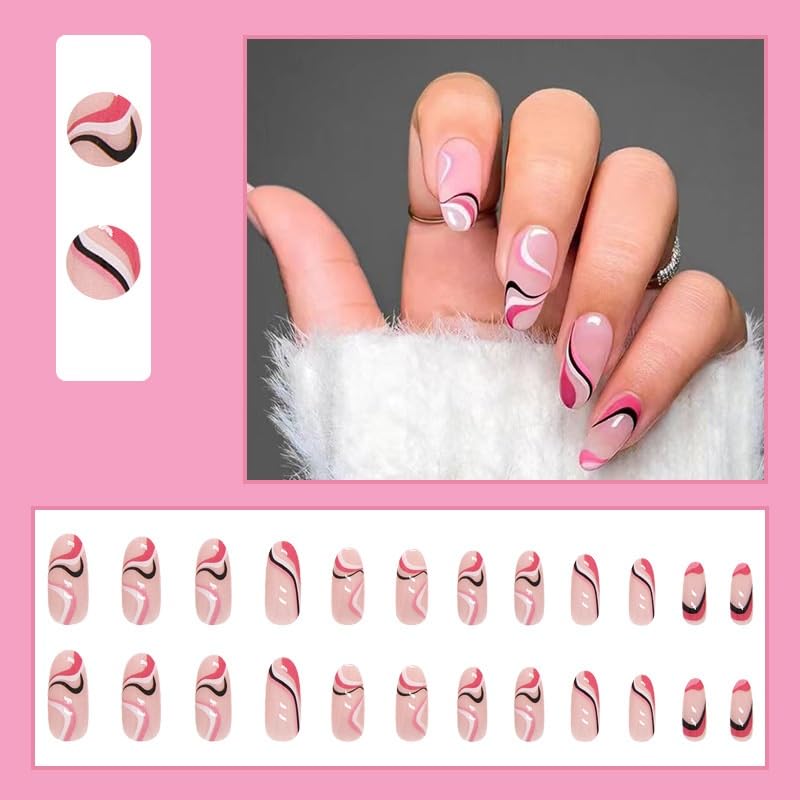 Secret Lives® 24-Piece Acrylic Press-On Nails Set - Pink with Black & White Stripes Design, Fake Nails with Glue for Easy Application | Perfect for Parties, Weddings & Everyday Wear