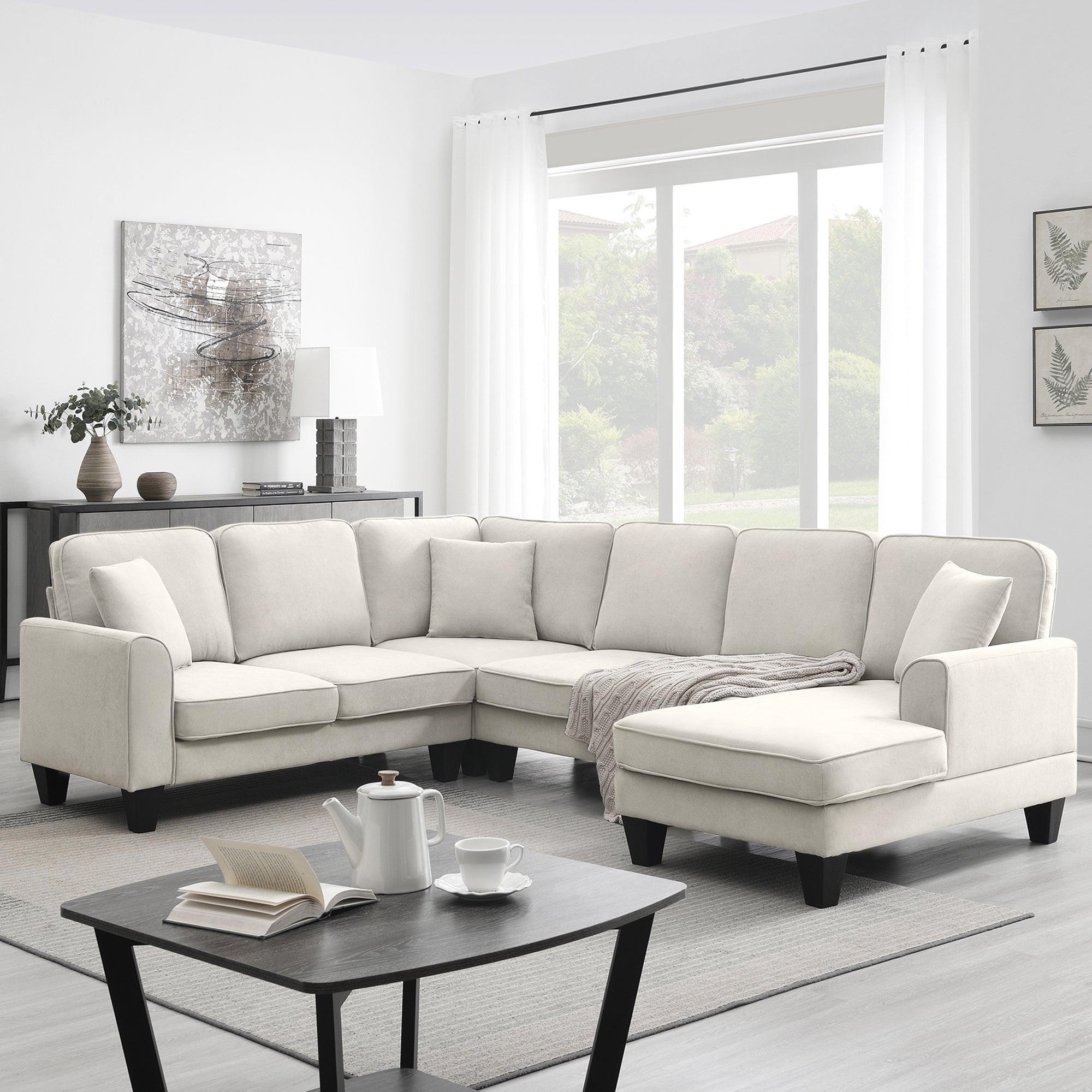Modern U-Shaped 7-Seater Fabric Sectional Sofa Set with 3 Pillows - 108