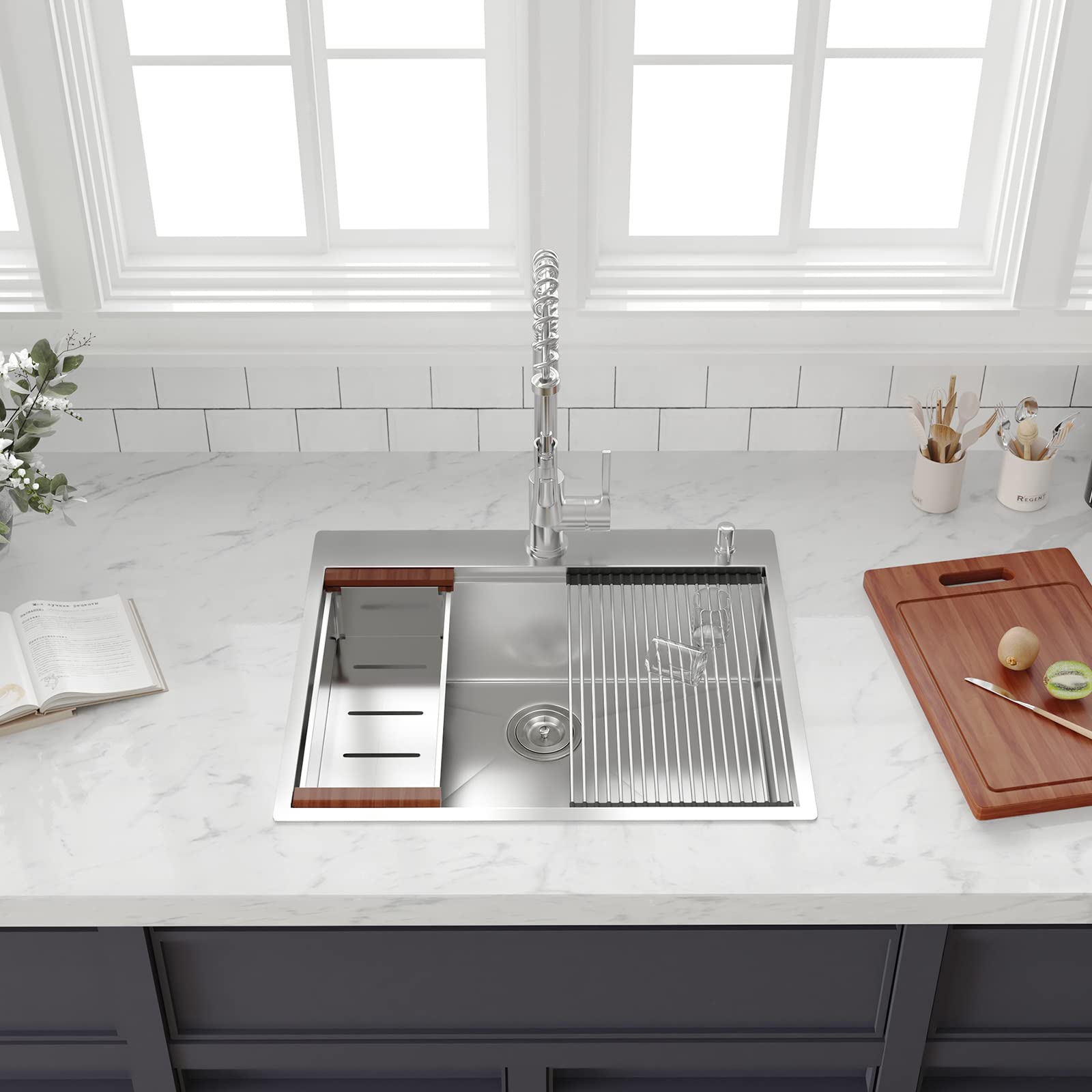 CELAENO 25 x 22 Inch Topmount Stainless Steel Kitchen Sink - 18 Gauge Single Bowl Drop-in Sink with Ledge & Soap Dispenser Hole | Handmade Workstation for Modern Kitchens, Perfect for Meal Prep & Dishwashing