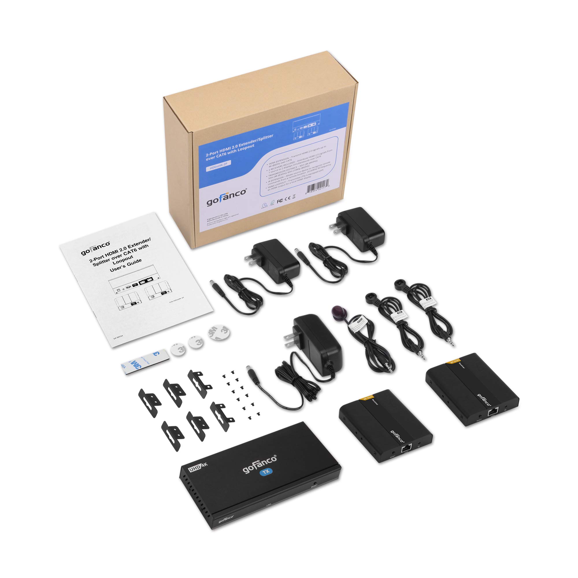 gofanco 4K 60Hz HDMI Splitter 1x2 - 4K@60Hz 4:4:4 HDR, HDCP 2.2, IR Extension, 198ft/60m Over CAT6/7 Cable, HDMI Loopout (HDExt4K-2P) - Perfect for Home Theater, Gaming & Conference Room Setup