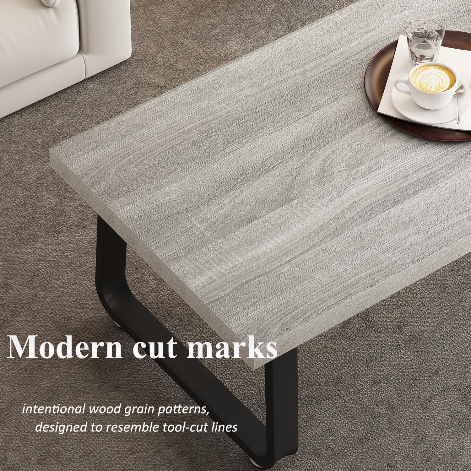 HSH Industrial Coffee Table - Modern Minimalist Wooden Rectangle Living Room Table for Small Spaces - Farmhouse Style Wood & Metal Tea Table - Light Grey Oak Finish - 47 Inch - Perfect for Home, Bedroom, Office & Apartment Decor
