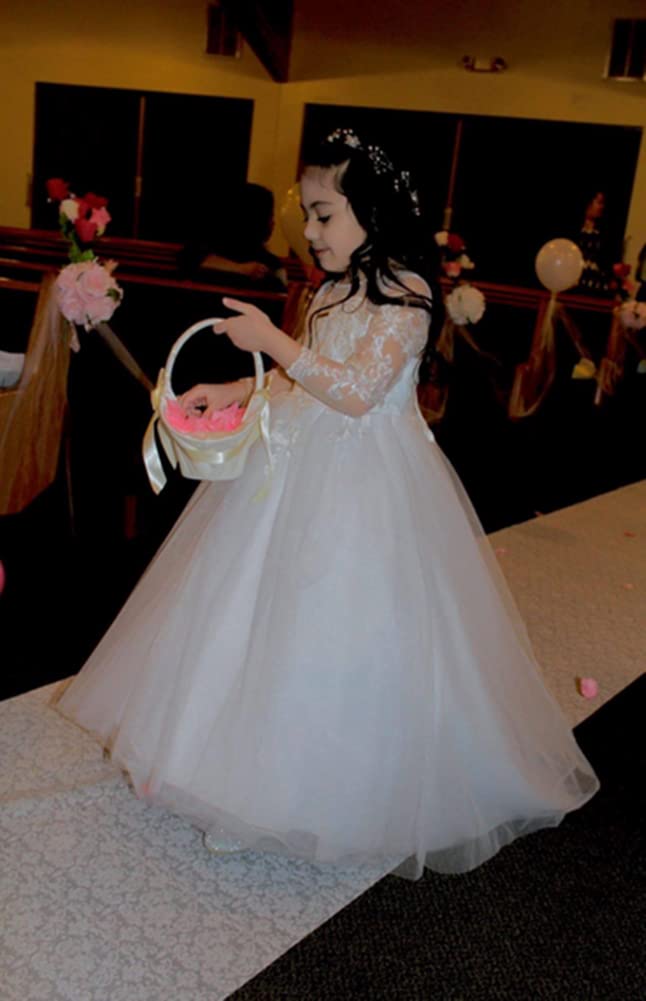 First Communion Dress for Girls - Elegant Lace Embroidery Flower Girl Pageant Gown with Long Sleeves & Train - Perfect for Baptism, Christening, Birthday Party & Special Occasions