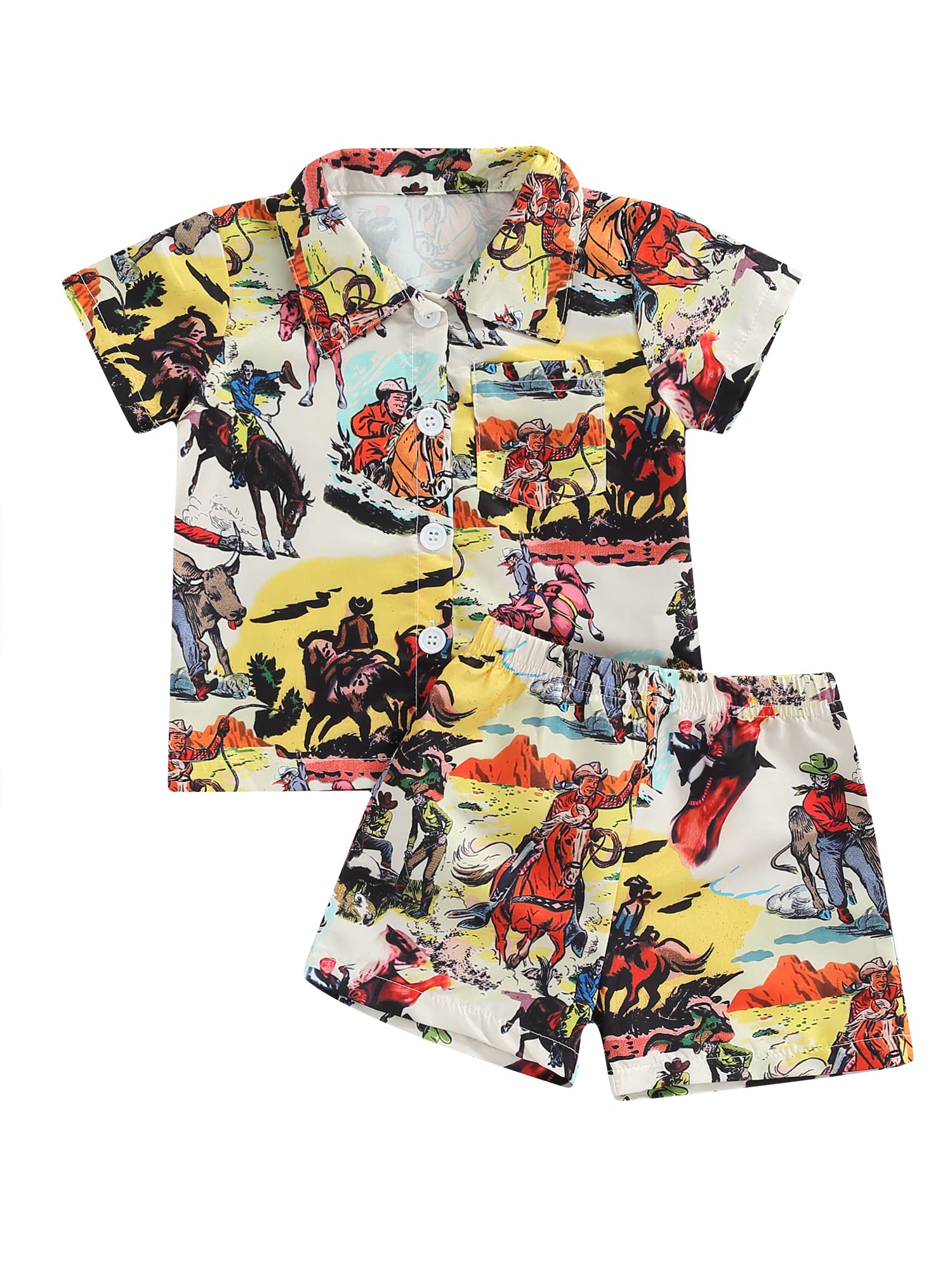 Boys' 2-Piece Summer Outfit Set - Short Sleeve Animal Print Lapel Button Shirt & Shorts | Casual Playwear, Beach Vacation & Outdoor Activities