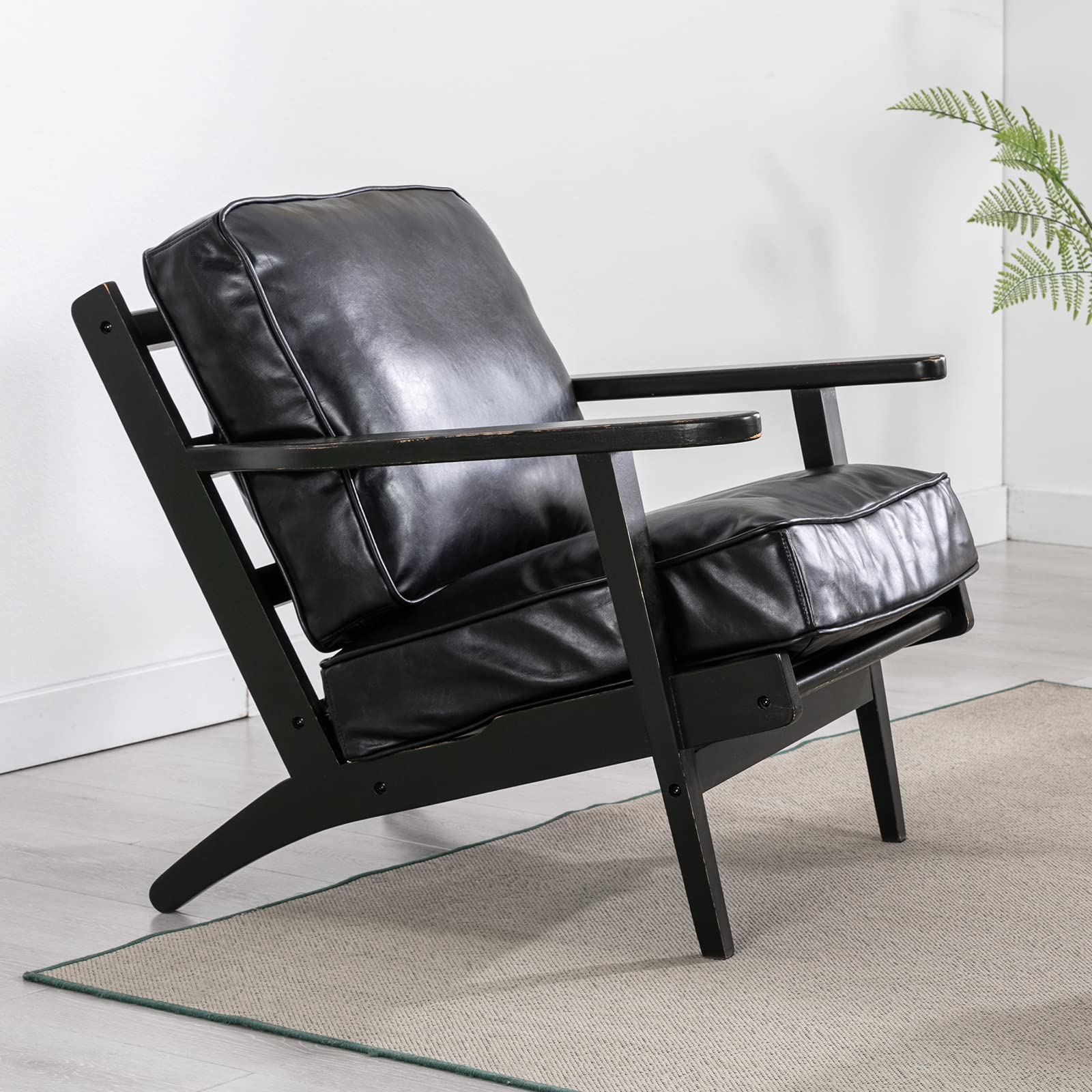 Mid Century Modern Accent Chair - PU Leather Upholstered Armchair with Solid Wood Frame for Living Room, Bedroom & Office - Elegant Reading Chair for Home Decor (Black) - Perfect for Relaxing, Reading & Adding Stylish Touch to Any Space