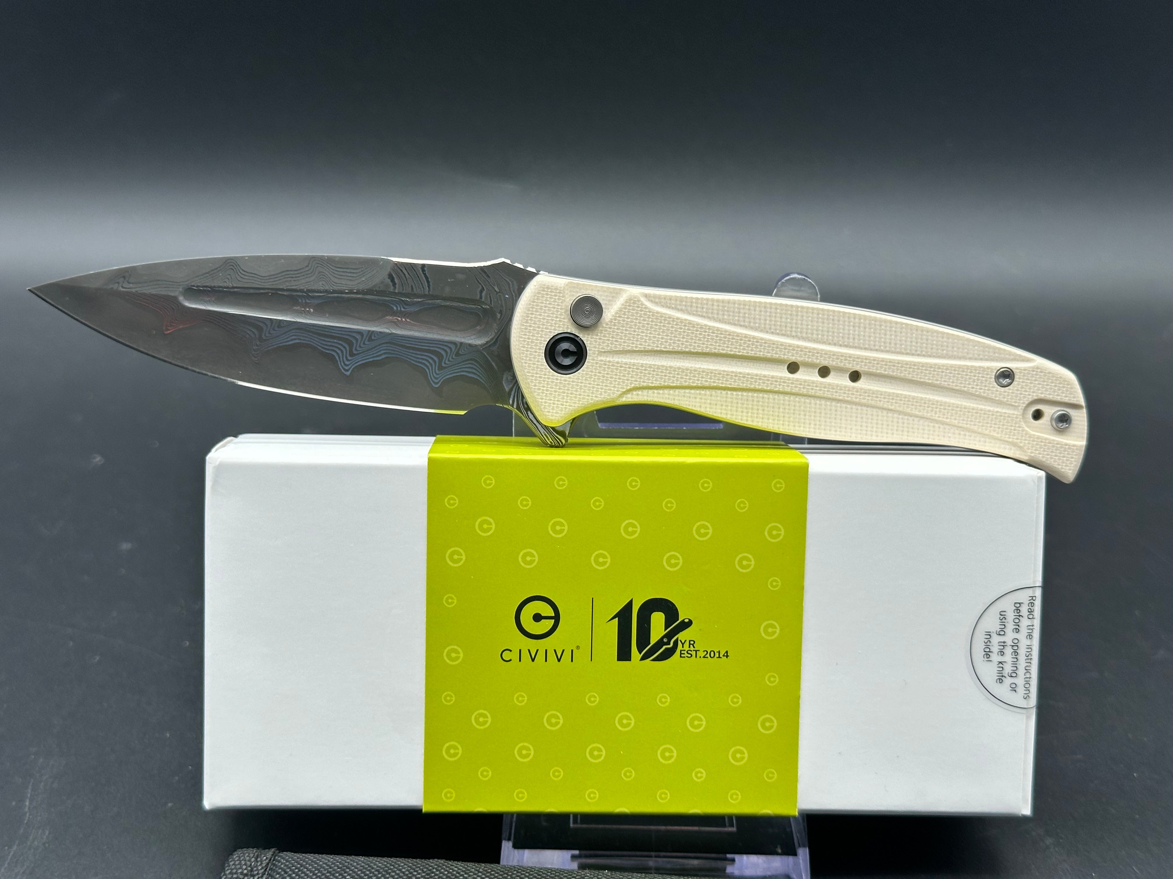 CIVIVI Incindie Button Lock Folding Knife - Off White G10 Handle, Damascus Steel Spear Point Plain Edge - EDC, Outdoor, Camping & Survival Tool
