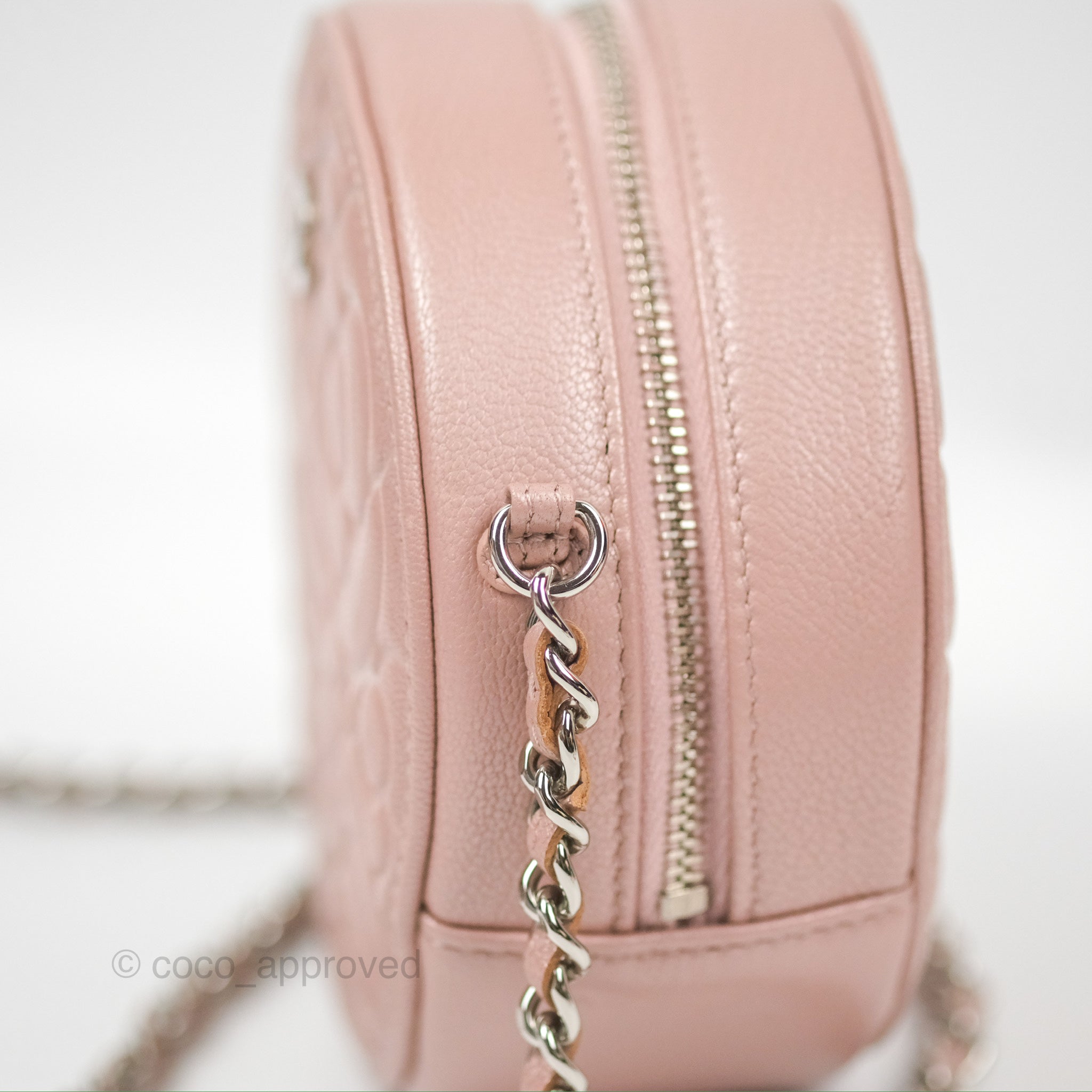 Chanel Camellia Embossed Round Clutch Bag with Chain - Iridescent Light Pink Goatskin Leather & Silver Hardware | Evening Party, Wedding, Special Occasion Accessory