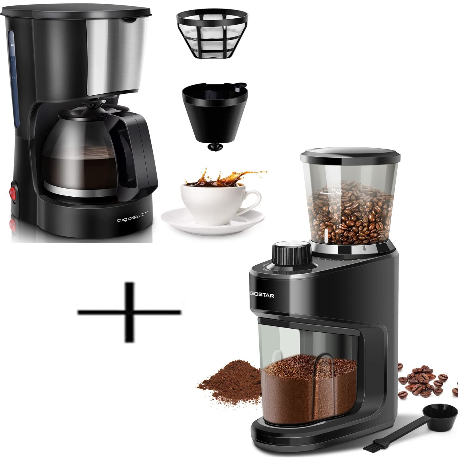 Aigostar Electric Conical Burr Coffee Grinder & 4-Cup Drip Coffee Maker with Reusable Filter & Glass Carafe - Compact Home Coffee Machine for Espresso, French Press & Pour Over Brewing