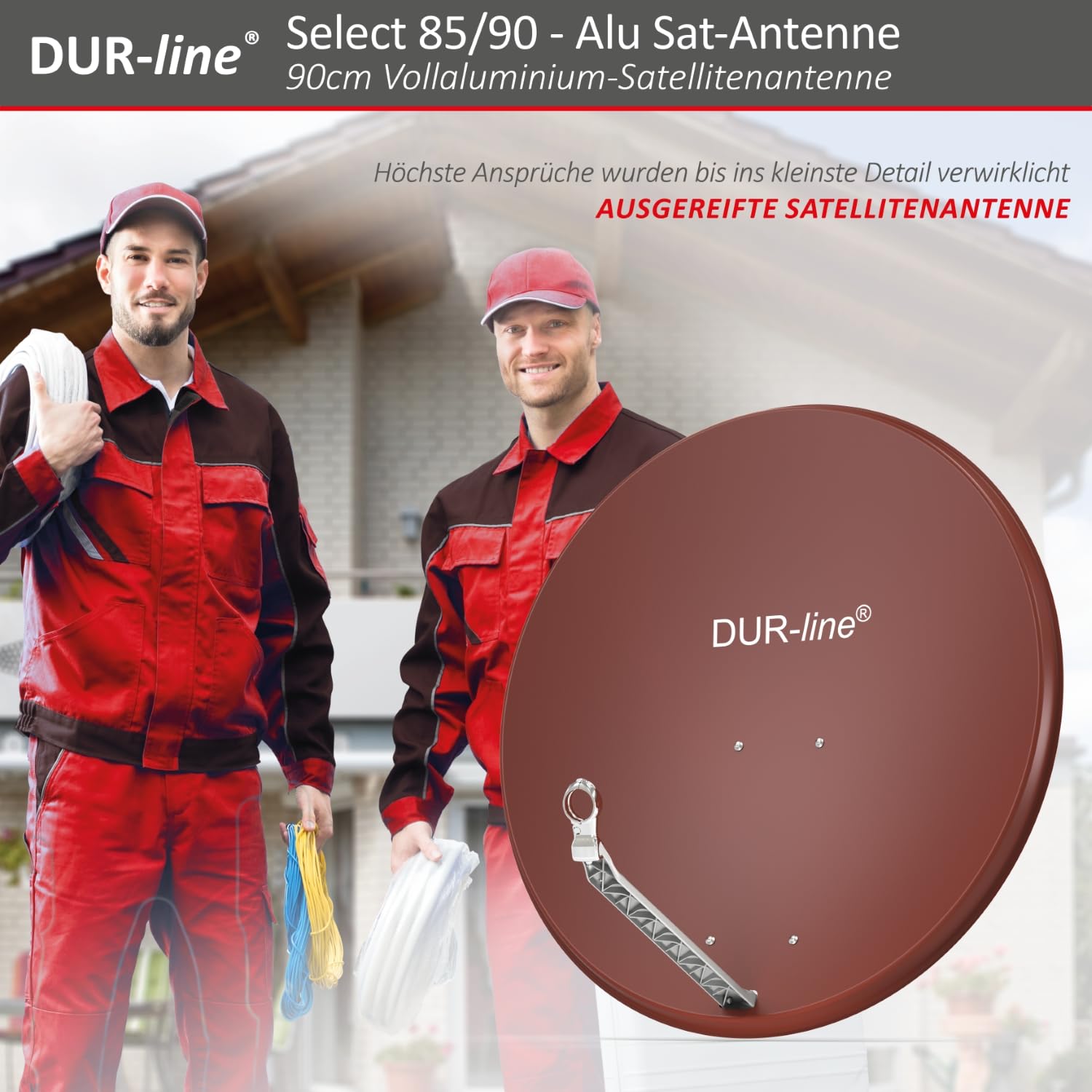 DUR-line Select 85cm x 90cm Aluminum Satellite Dish - High Performance Red Antenna for Strong Signal Reception - Perfect for RV, Camping & Rural Areas