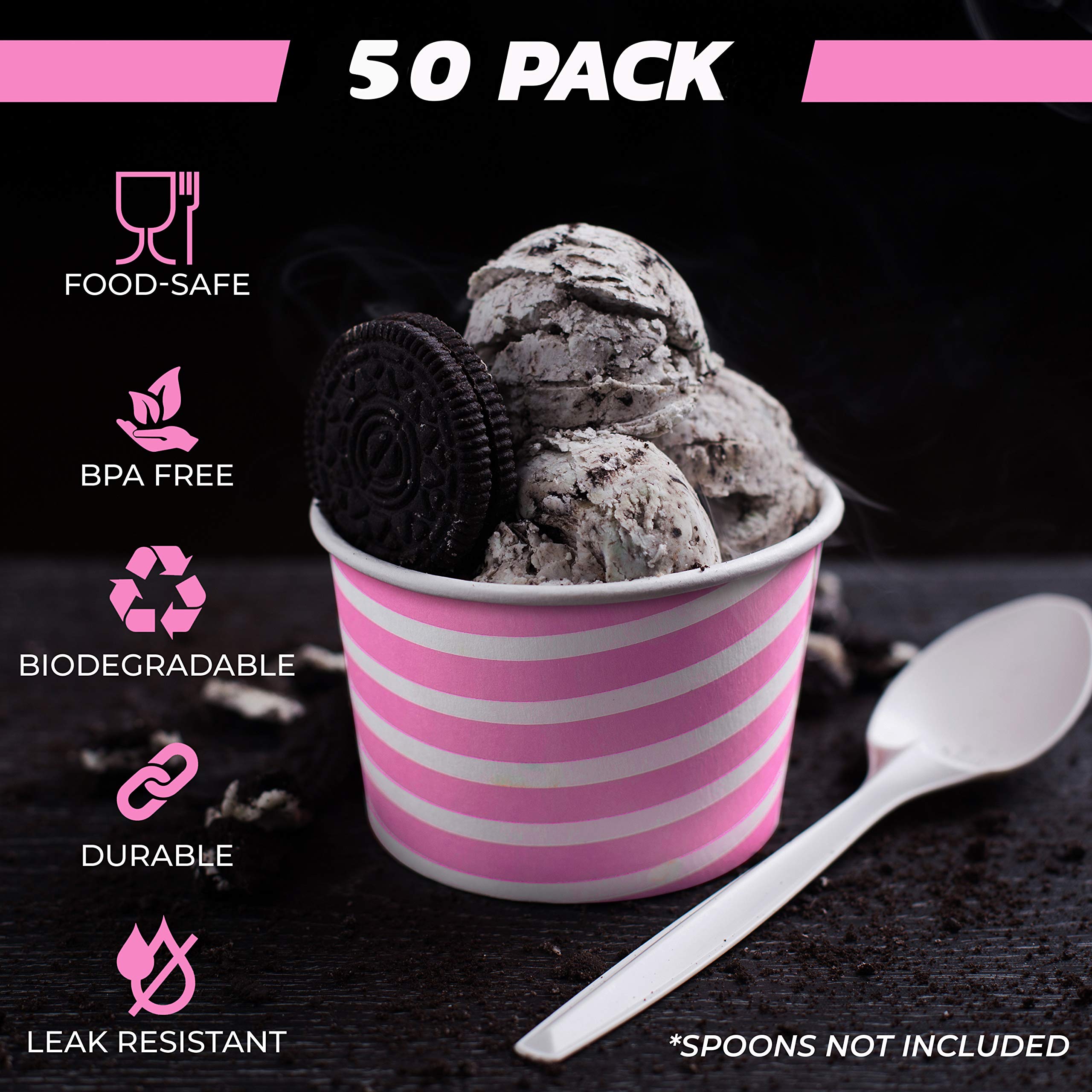 Premium 5.5 oz Disposable Paper Ice Cream Cups - 50 Pack, Hot & Cold Dessert Bowls with Pink Stripes - Perfect for Ice Cream Parlors, Parties, and Home Dessert Serving