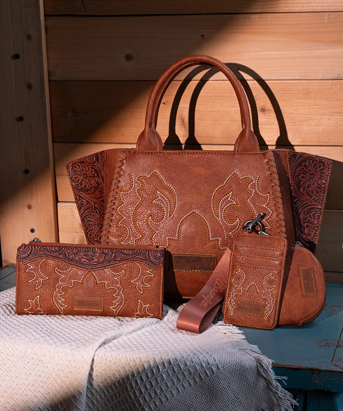 Wrangler Embroidered Western Boot Scroll Tote Bag Set - Perfect for Cowgirl Fashion, Rodeo Events & Country Outfits