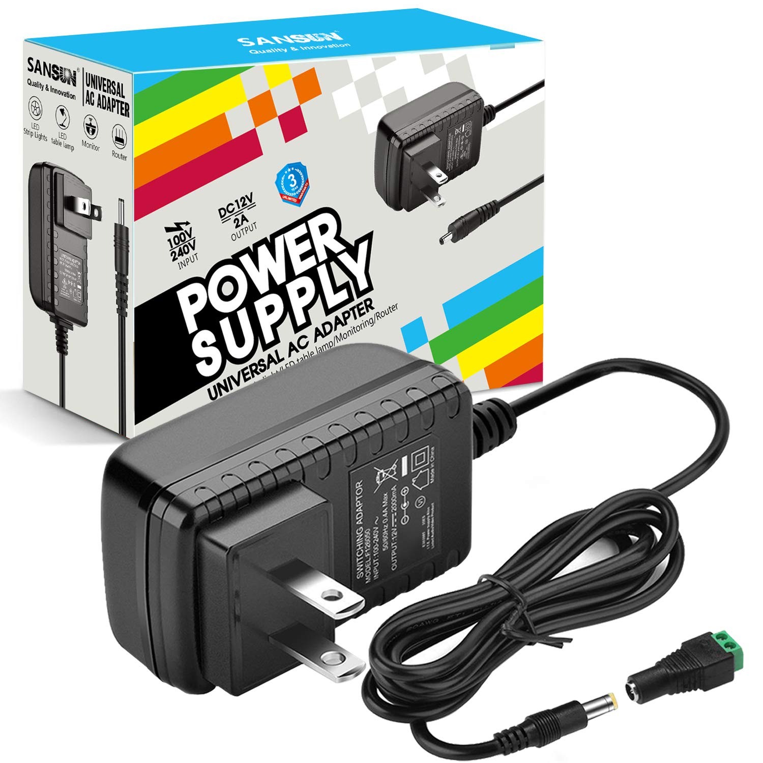 12V 2A Power Adapter 24W, AC 120V to DC 12V Converter with 5.5x2.1mm Plug - Universal Power Supply for LED Strip Lights, CCTV Cameras, Hard Drives, Monitors & Electronics - Perfect for Home Security & Office Setup (1 Pack)