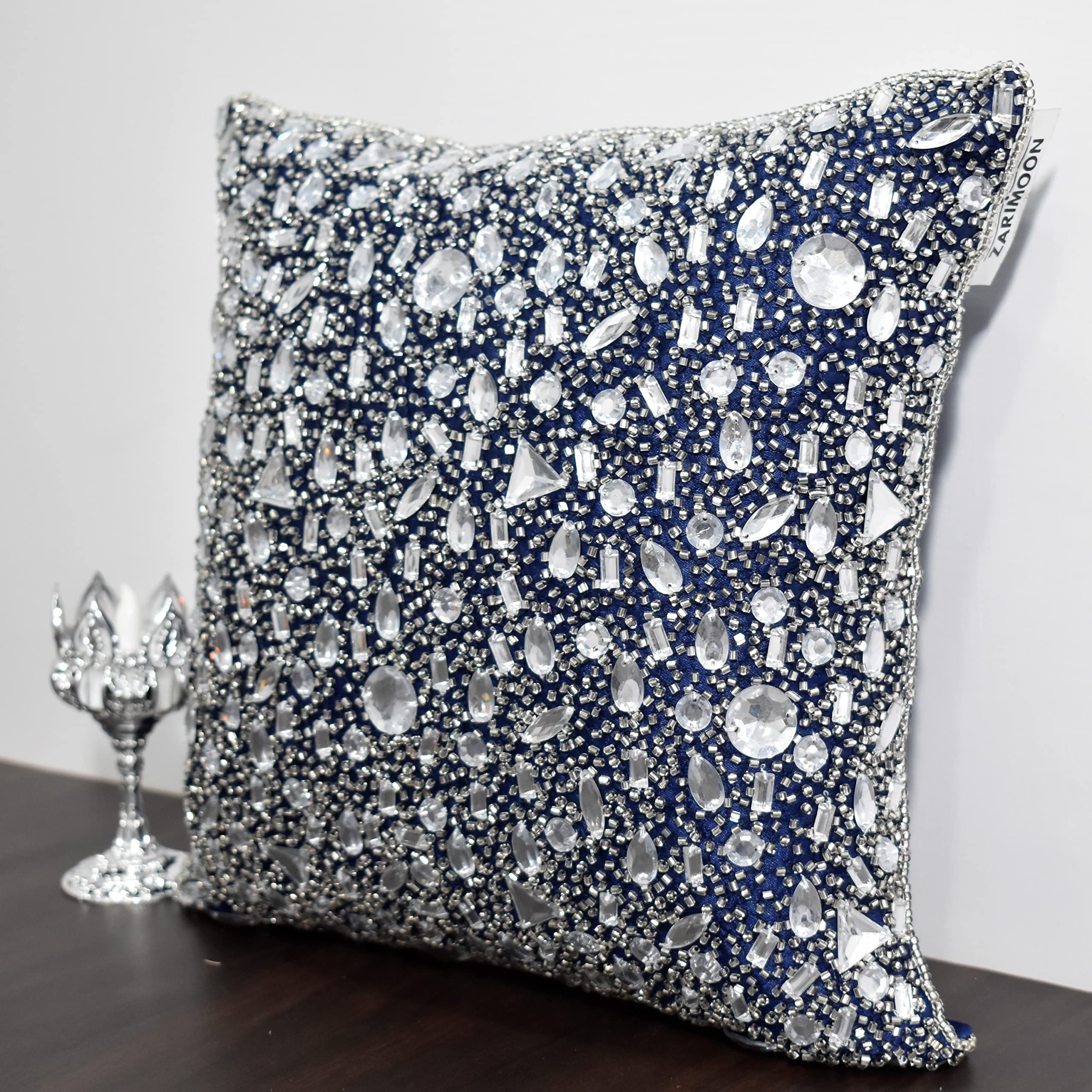 Luxury Navy Blue Silver Beaded Throw Pillow Cover - Handmade Embroidered Decorative Pillow for Sofa, Bed, Couch - Modern Contemporary Embellished Custom Design (26x26 Inches) - Perfect for Living Room, Bedroom Decor