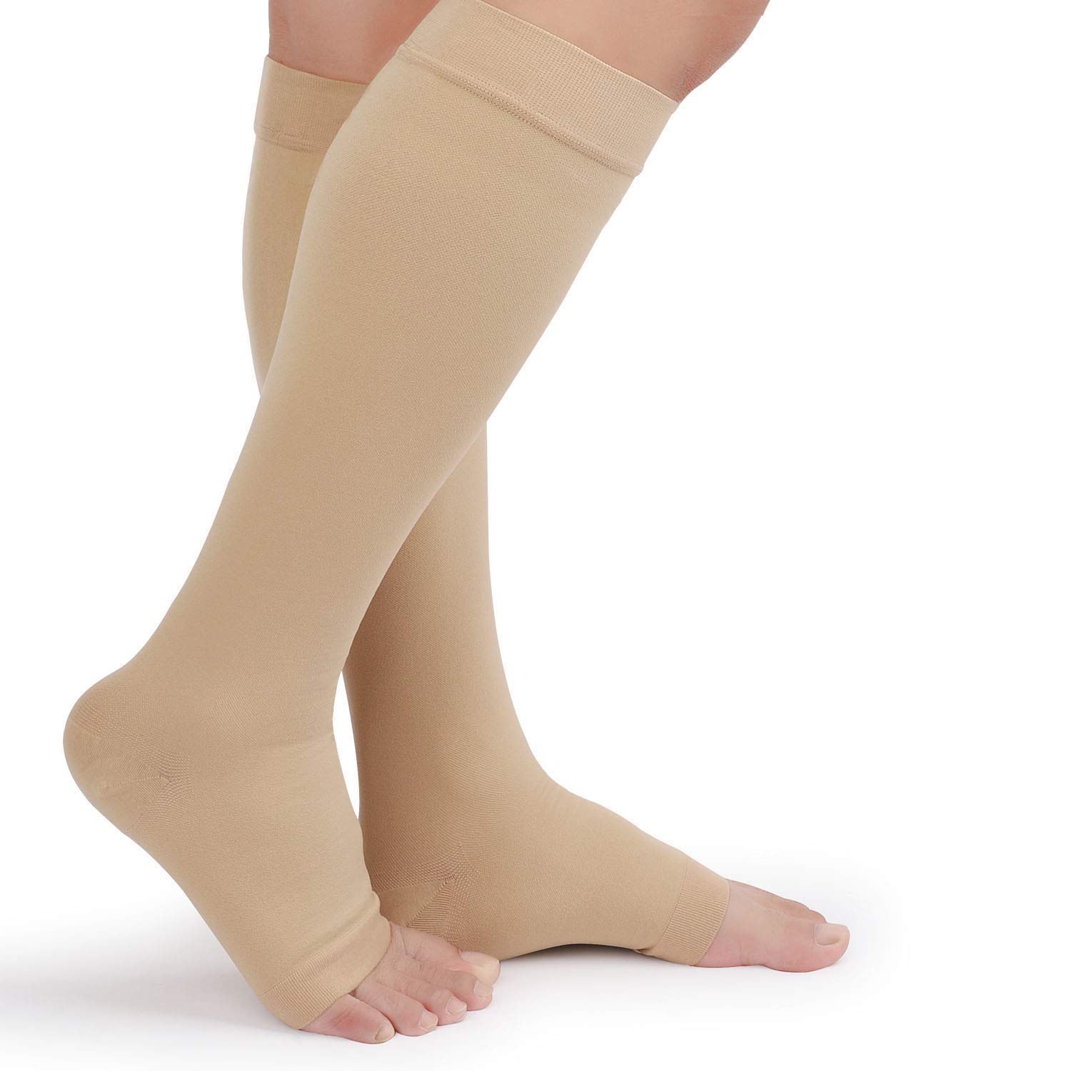 TOFLY® 30-40mmHg Medical Compression Socks for Men & Women - Open Toe Knee High Firm Support Socks for Circulation, Varicose Veins, Edema & Shin Splints - Ideal for Nurses, Travel & Post-Surgery Recovery - Beige