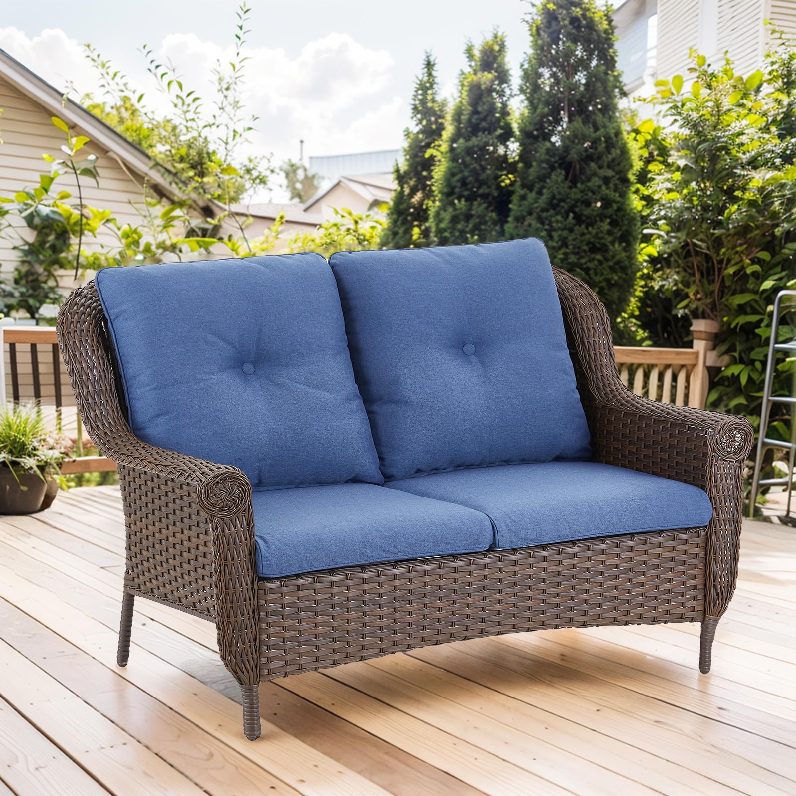 Brown Rattan Loveseat Outdoor Sofa with Water-Resistant Blue Cushions & Chrysanthemum Armrest - Patio Garden Balcony Backyard Poolside Furniture for Relaxing & Entertaining (1PC)