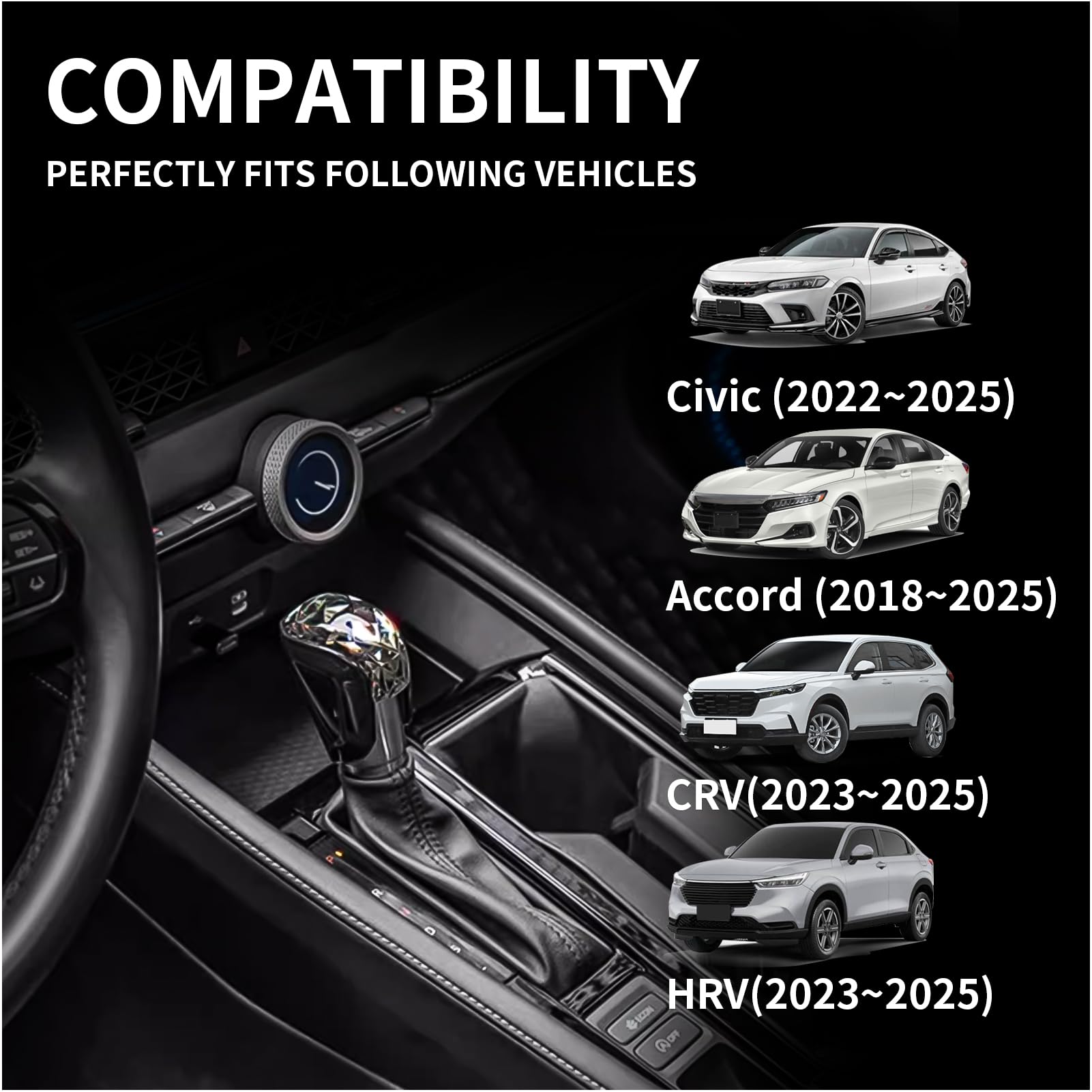 Premium Crystal Shift Knob Cover for Honda Civic 2022-2025, CRV/HRV 2023-2025 & Accord 2018-2025 - Durable Center Console Accessory with Stylish Decorative Trim - Perfect for Car Interior Upgrade & Personalization