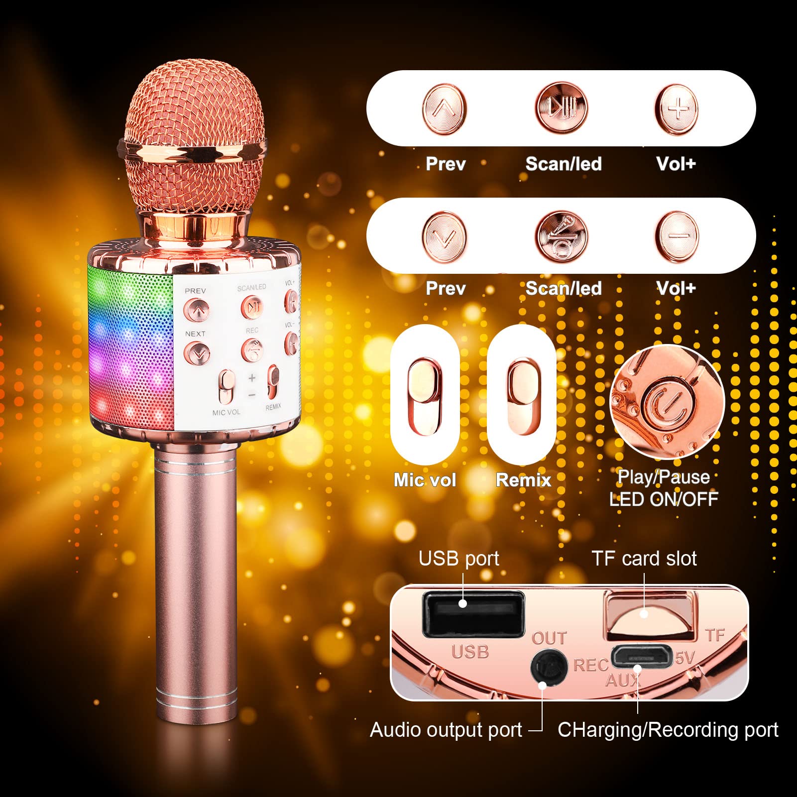 ShinePick Wireless Karaoke Microphone with Bluetooth Speaker & LED Lights - Portable Singing Mic for Kids, Compatible with Android/iOS/PC/Smartphone (Rose Gold) - Perfect for Home Parties, Travel Entertainment & Music Gifts