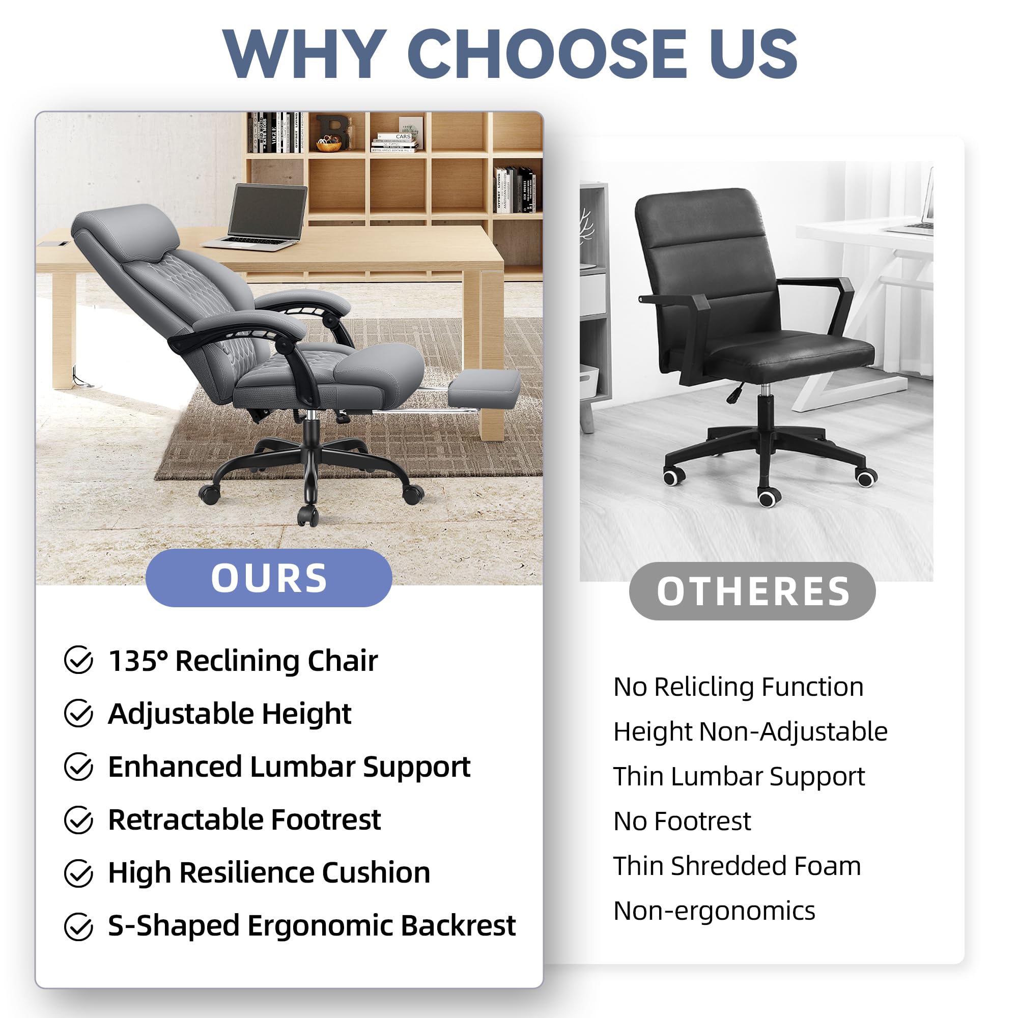 Big and Tall Reclining Executive Leather Office Desk Chair with Footrest and Lumbar Support - Ergonomic High Back Chair for Home Office, Gaming, and Conference Rooms