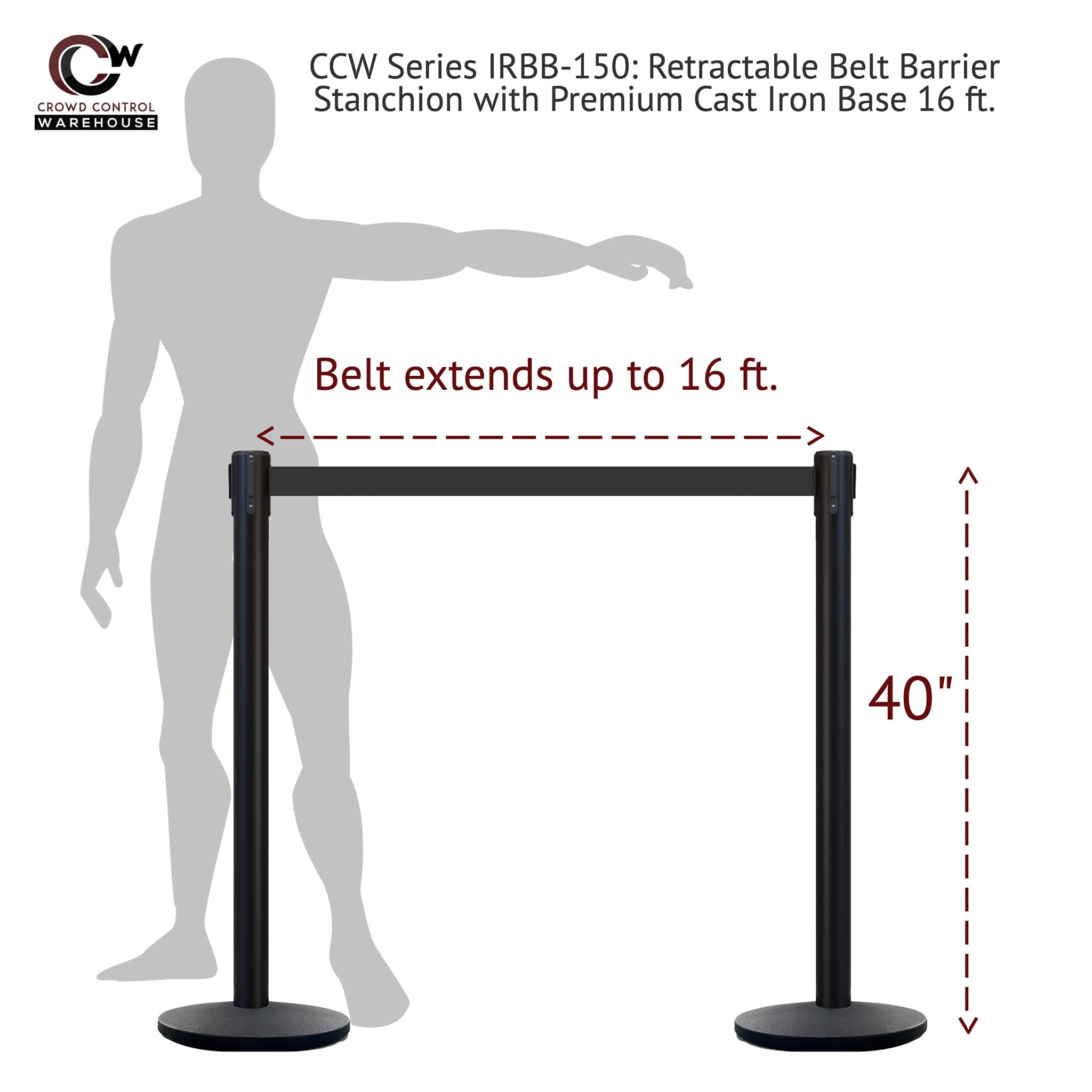 Montour Line MI650 Set of 2 Retractable Belt Barrier Stanchions with Cast Iron Base - 16ft Black & Yellow Diagonal Belt for Crowd Control - Perfect for Events, Queues, and Retail Spaces