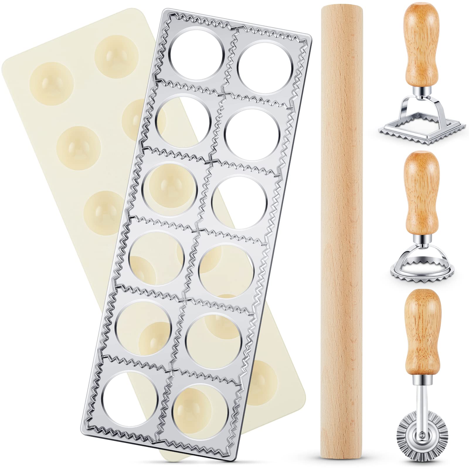 5-Piece Ravioli Mold Set with 12-Hole Press, 3 Pasta Cutters & Wooden Rolling Pin - Complete Pasta Making Kit for Homemade Ravioli, Dumplings & Pelmeni - Perfect Kitchen Gift for Italian Cooking & DIY Pasta Lovers