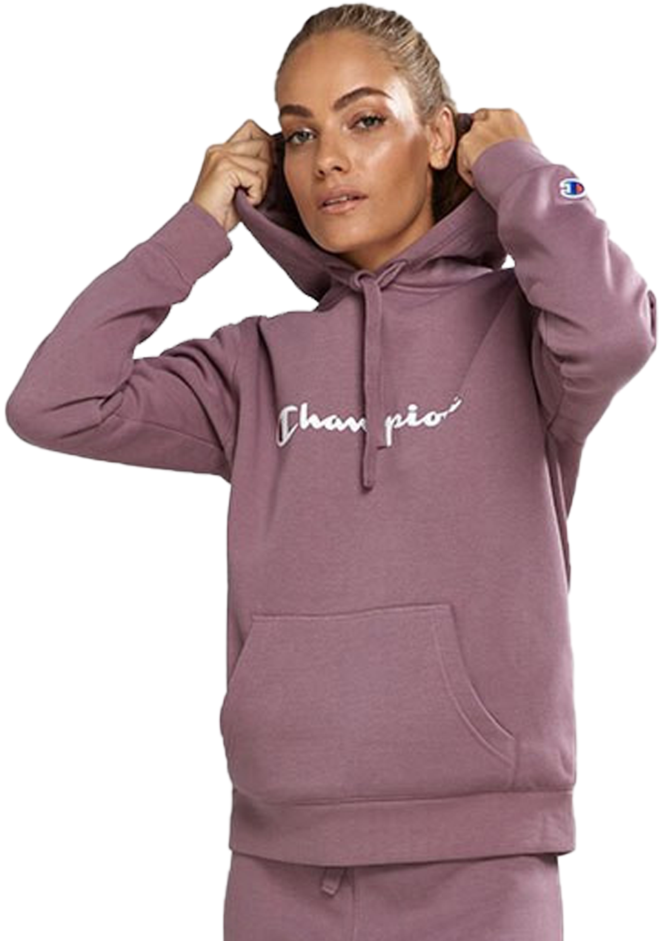Champion Women's Script Logo Pullover Hoodie - Soft Fleece Lilac Sweatshirt for Casual Wear, Gym, and Lounge