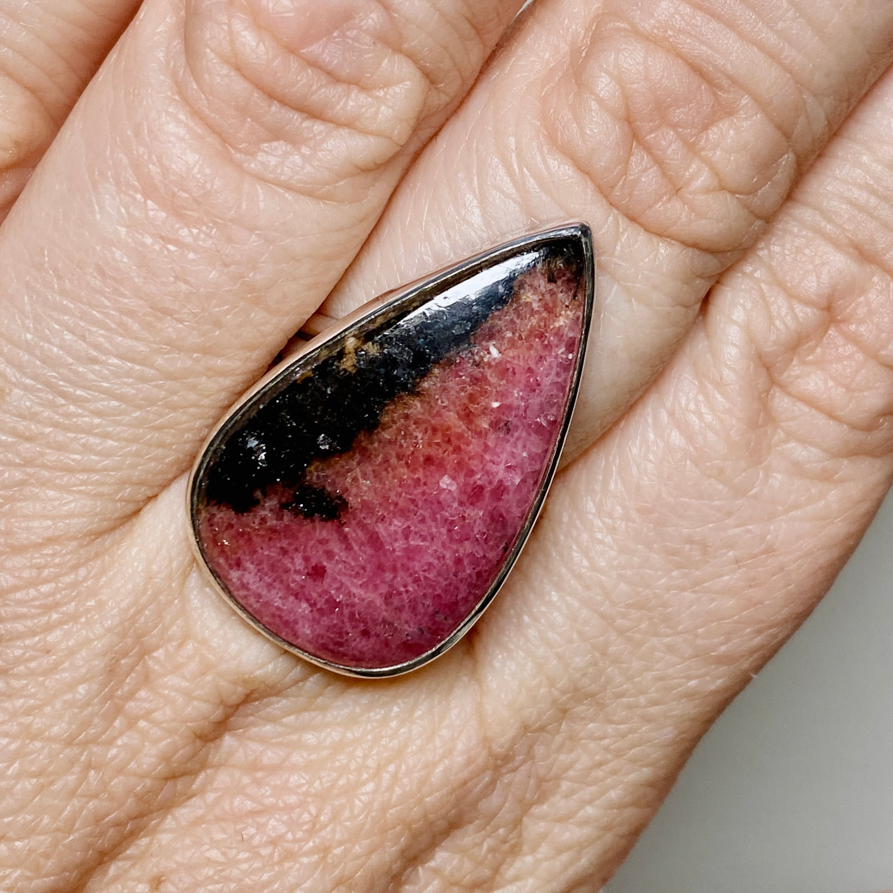 Rhodonite Teardrop Cabochon Ring - Size 8 - KRGJ1496 - Perfect for Healing Jewelry & Boho Fashion Accessories
