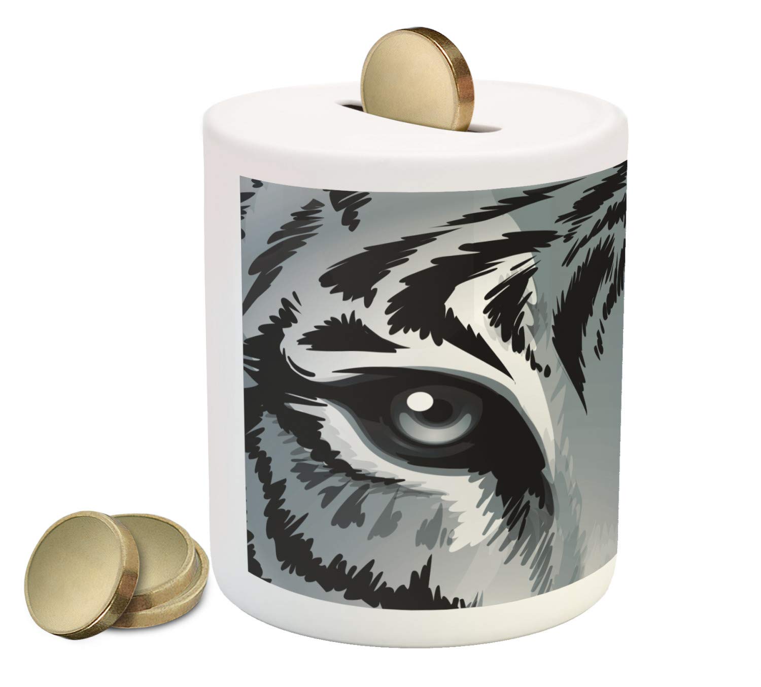 Ambesonne Tiger Piggy Bank - Monochrome Wildlife Ceramic Coin Bank with Sharp Eyes, Money Box for Cash Saving in Grey Black White | Perfect for Kids' Savings, Home Decor & Unique Gift Ideas