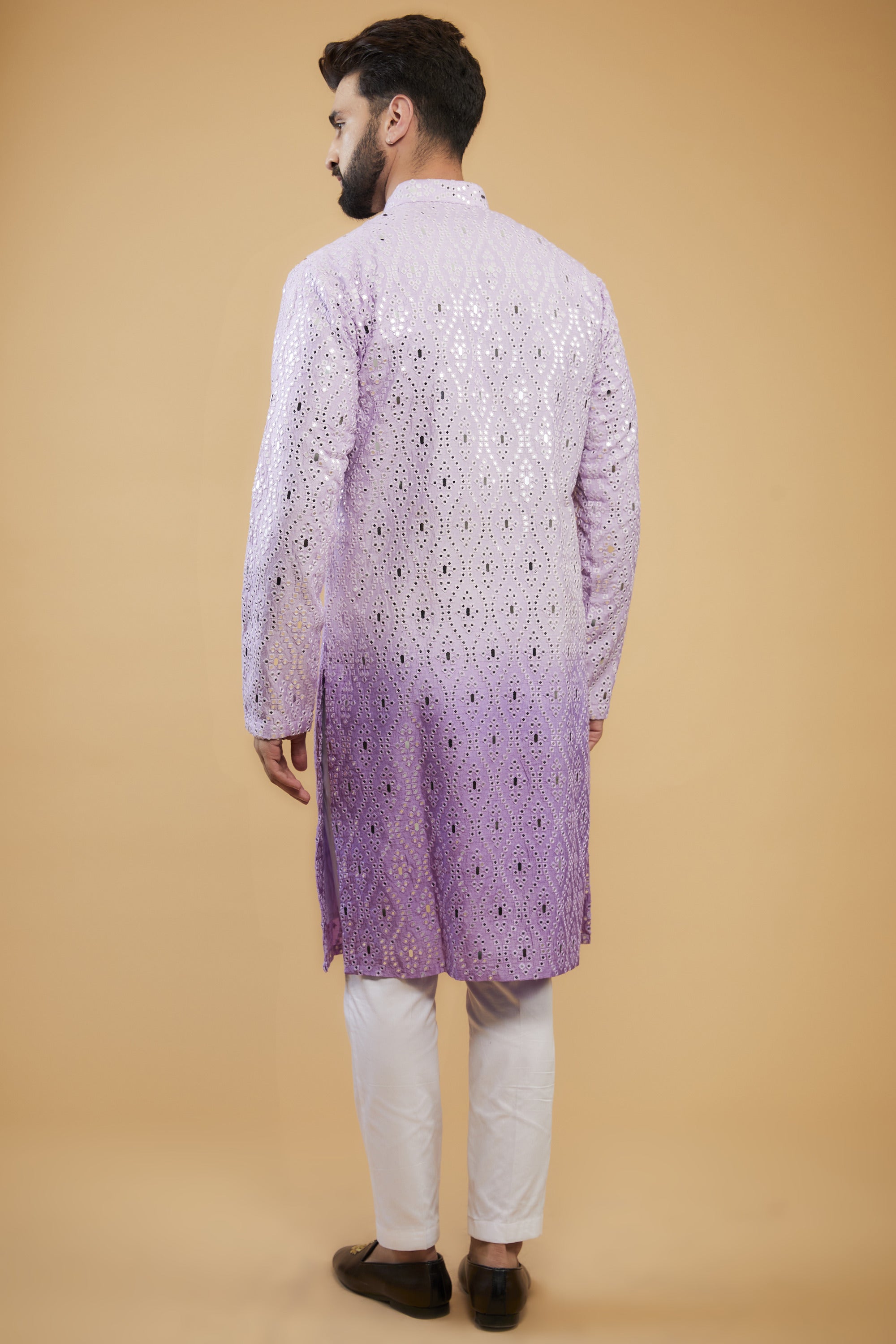 Lavender Ombre Mirror Work Kurta with Intricate Thread Embroidery - Perfect for Festive Occasions, Weddings & Ethnic Fashion